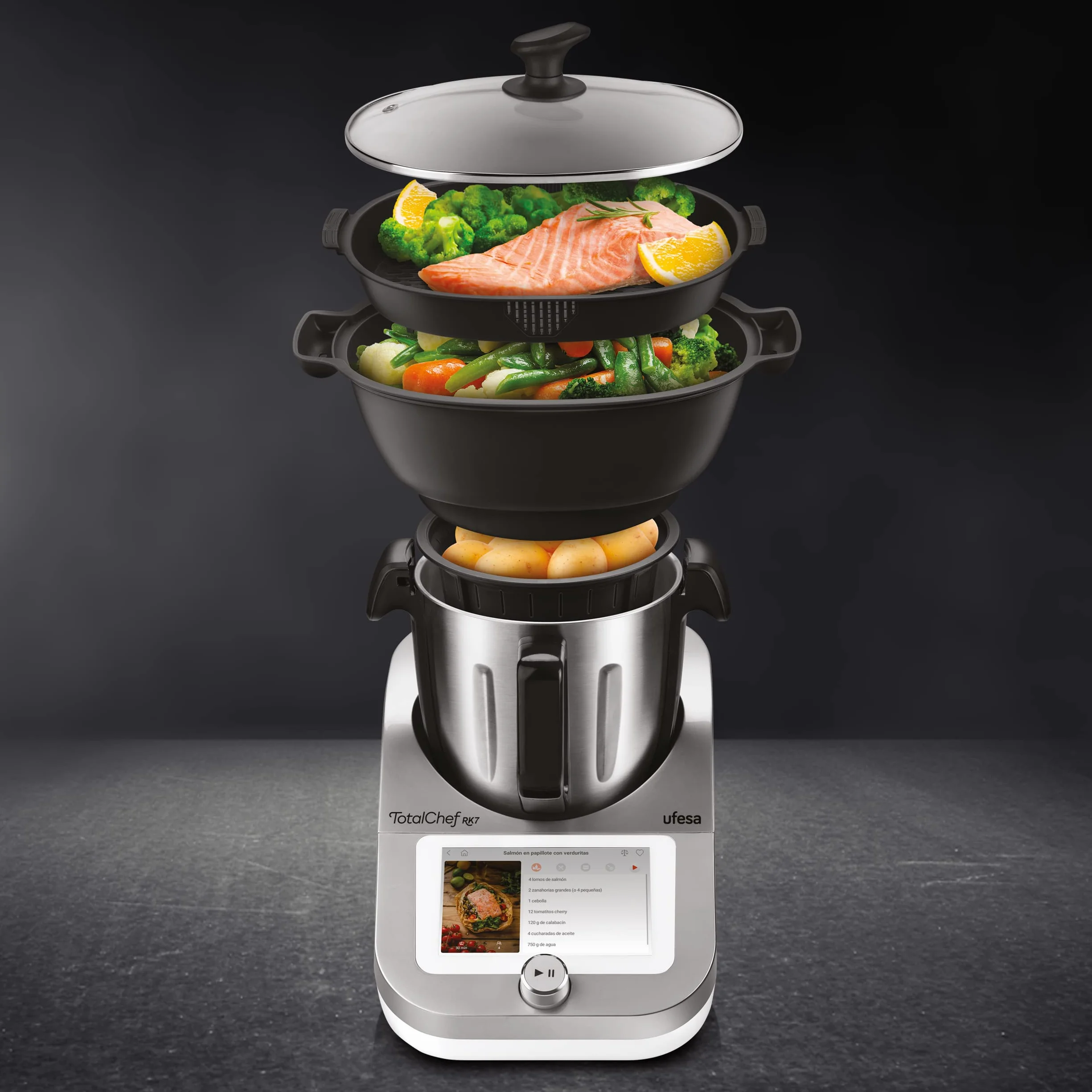 Ufesa TotalChef RK7 Robot de Cocina Inteligente Multifunción, WIFI, 30 Funciones, 4.5L, Pantalla Táctil de 7 Pulgadas, Báscula Integrada, Recetario Interactivo, Color Plata/Negro
