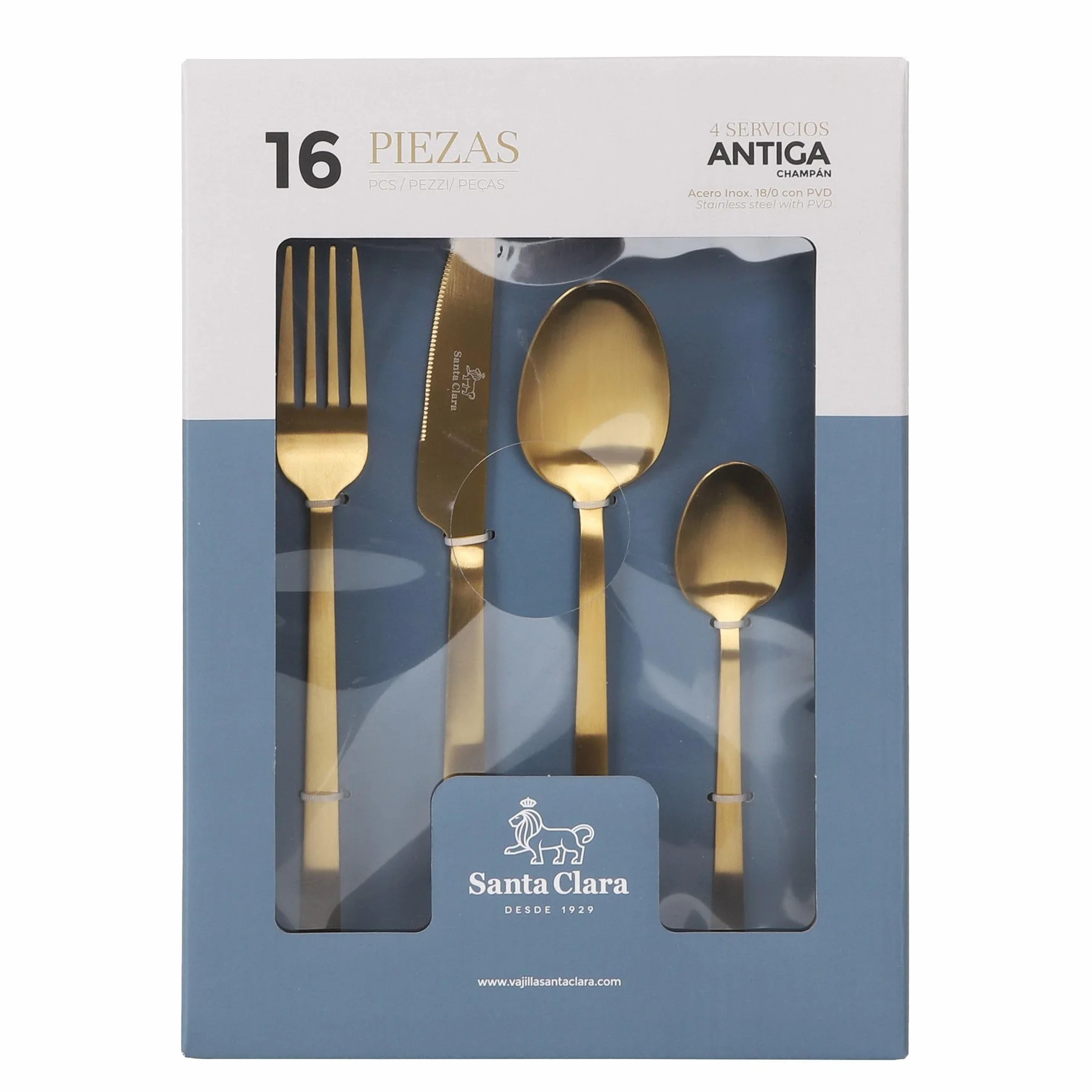 SANTA CLARA | Cubertería completa 16 piezas de acero inoxidable acabado champán PVD, juego de cubiertos con cuchillo, tenedor, cuchara y cucharilla de postre, servicio para 4 personas, modelo Antiga