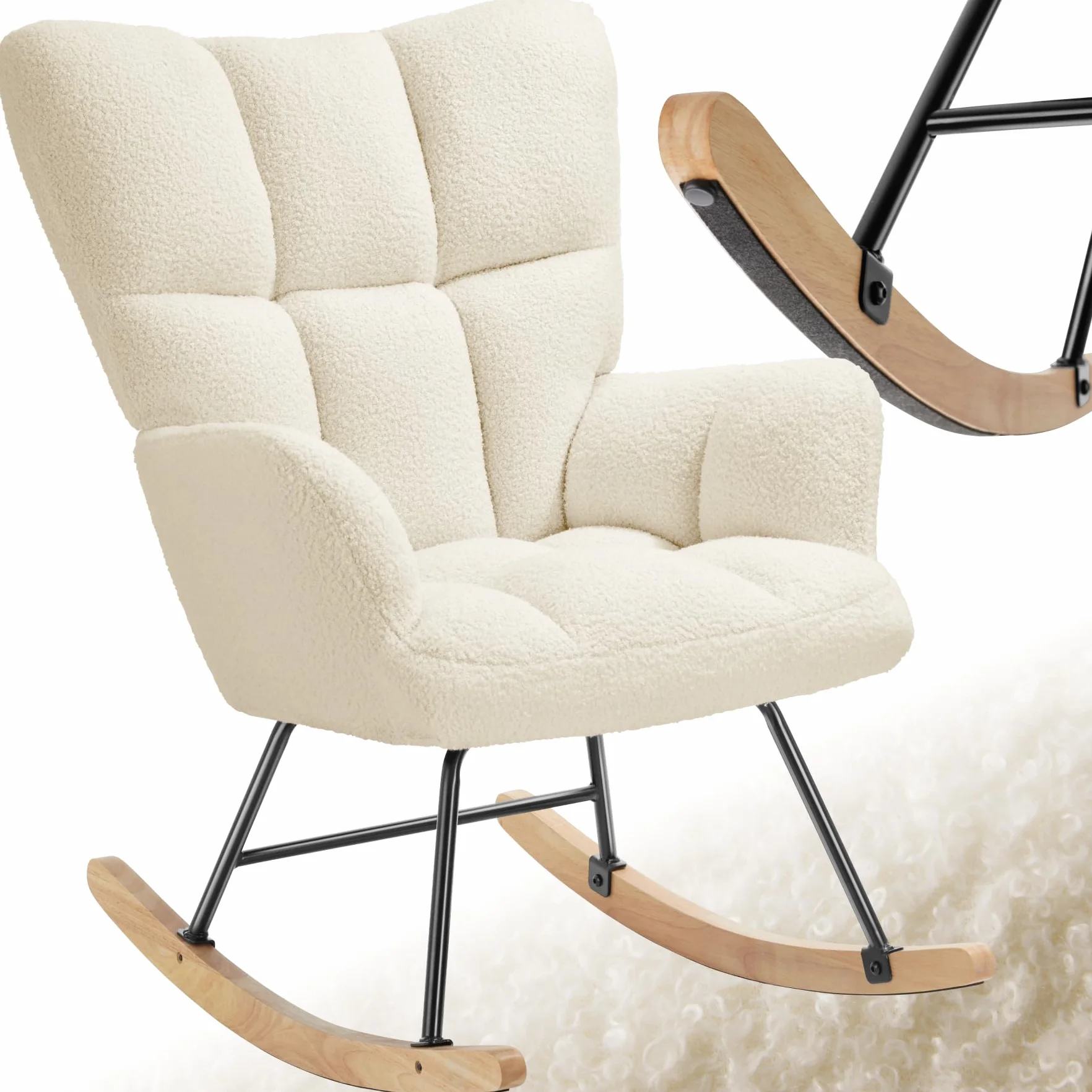 tectake® Mecedora Tapizada, Silla Mecedora, Butaca de Salón con Estructura en Acero y Patines de Madera, Silla Lectura, Sillón Lactancia, Sillón Nórdico Dormitorio, Butaca Relax - Beige