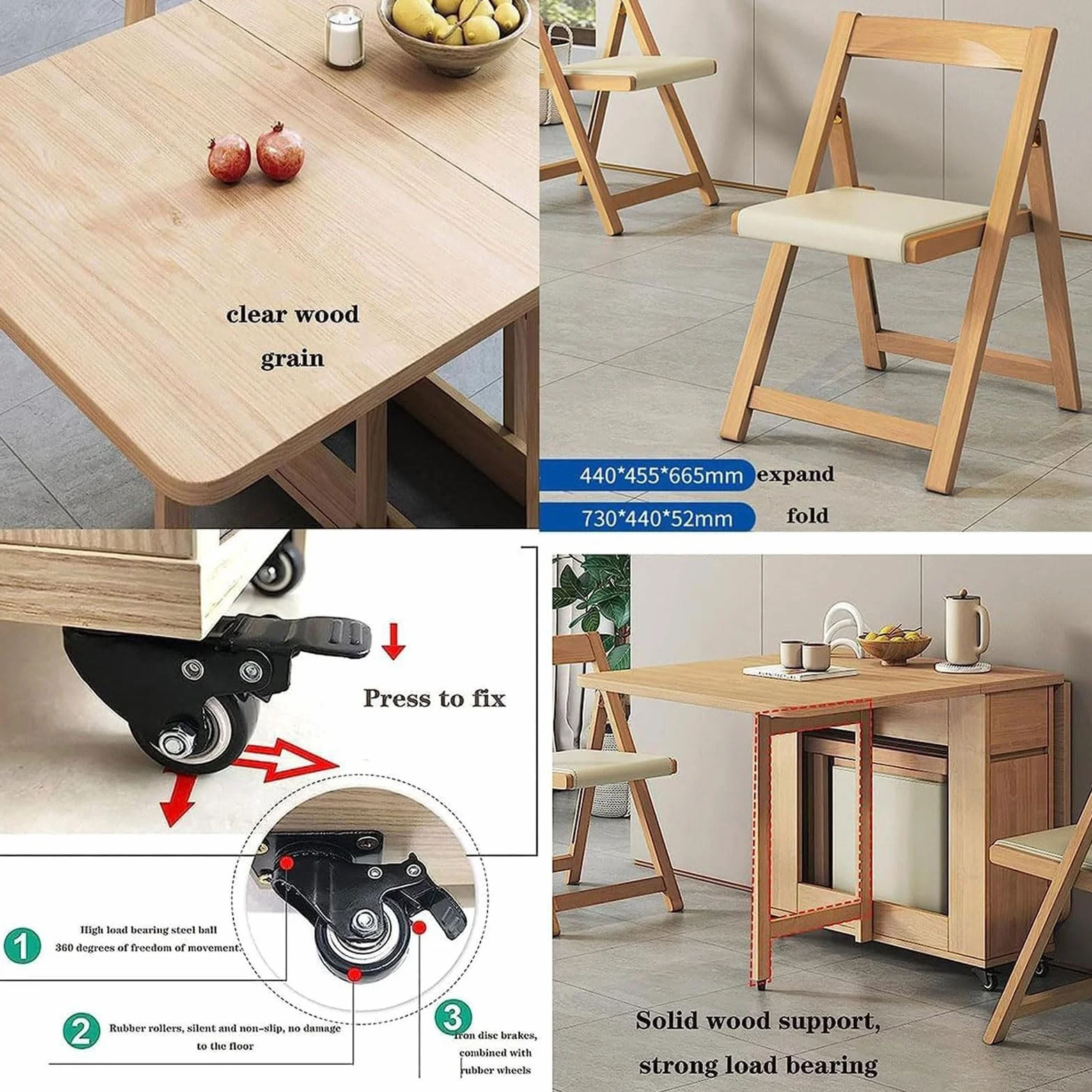 Juego de Mesa de Comedor Plegable, Comedor Extensible Que Ahorra Espacio con 2 cajones de Almacenamiento Ocultos y 4 Ruedas, Mesa Auxiliar abatible for Apartamentos y hogares