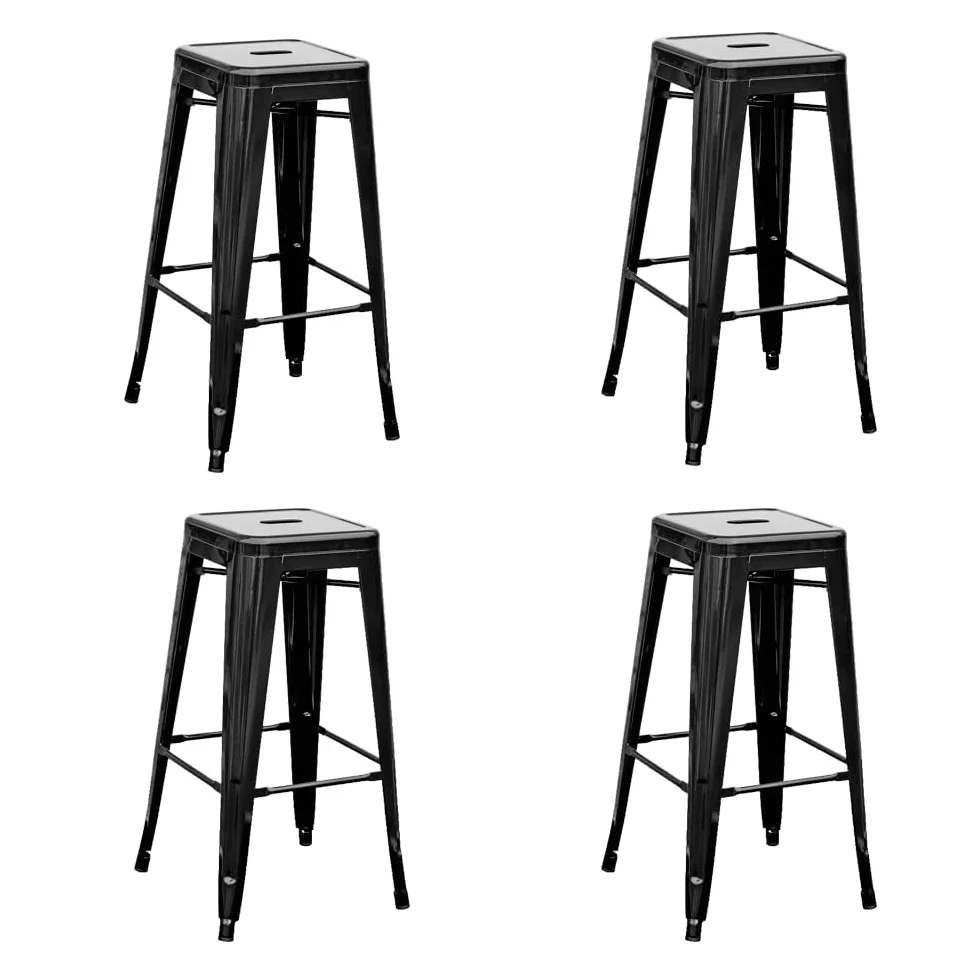 EME Pack 4 Taburetes Alto Metálico de Acero Galvanizado. Taburete Metálico Apilable de 76x43x43cm Ideal para Usar en Interior y Exterior. Incluye 4 Unidades. (Negro)