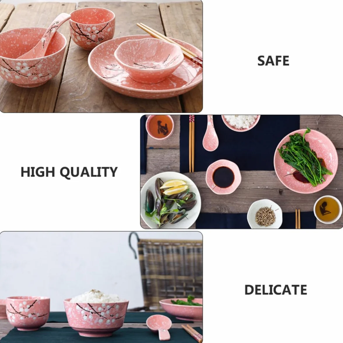 SEWACC Juego de Vajilla Cerámica Estilo Japonés para Cena en Casa, Diseño Delicado Japonesa Rosa de 12 Piezas Utensilios de Cocina para Uso Diario y Hotel