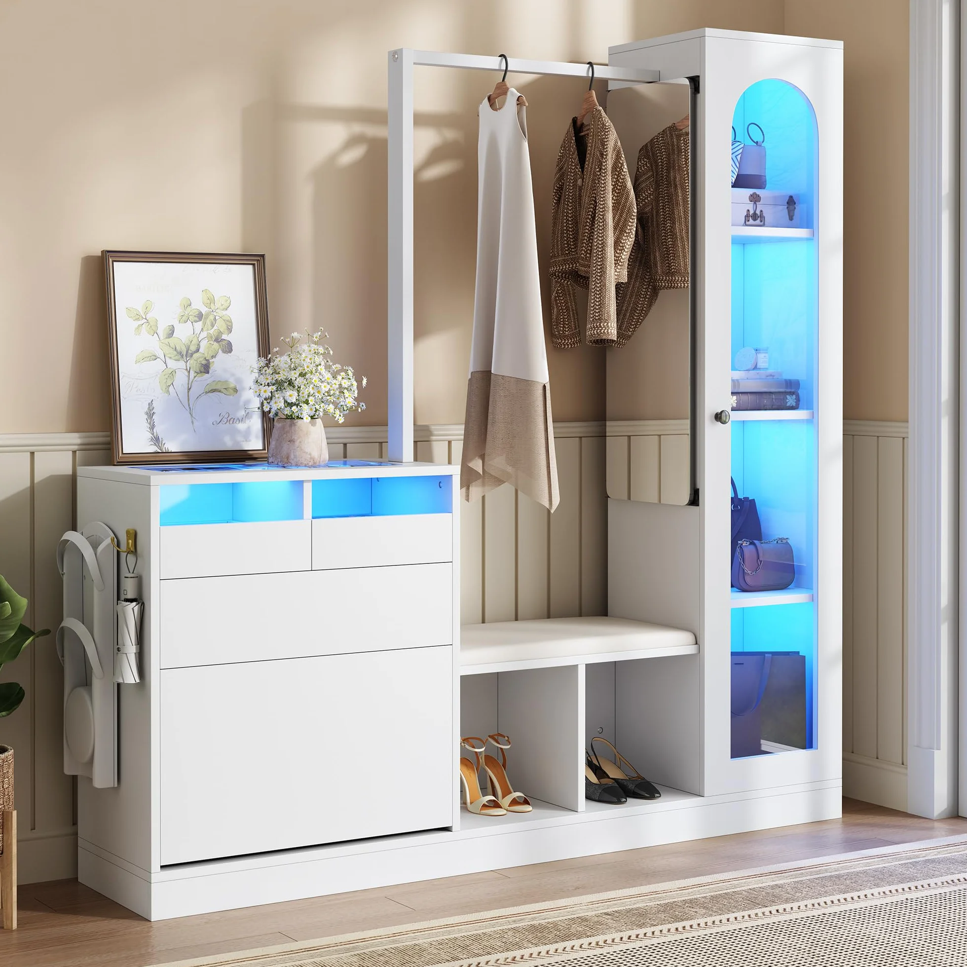 LAKFEW 6 en 1 Juego de Perchero, Perchero Entrada Recibidor con Espejo y Luz LED, Mueble Recibidor con 3 Cajones y 2 Puertas, Conjunto de Mueble Entrada Recibidor Percheros, 163x35x161 cm, Blanco
