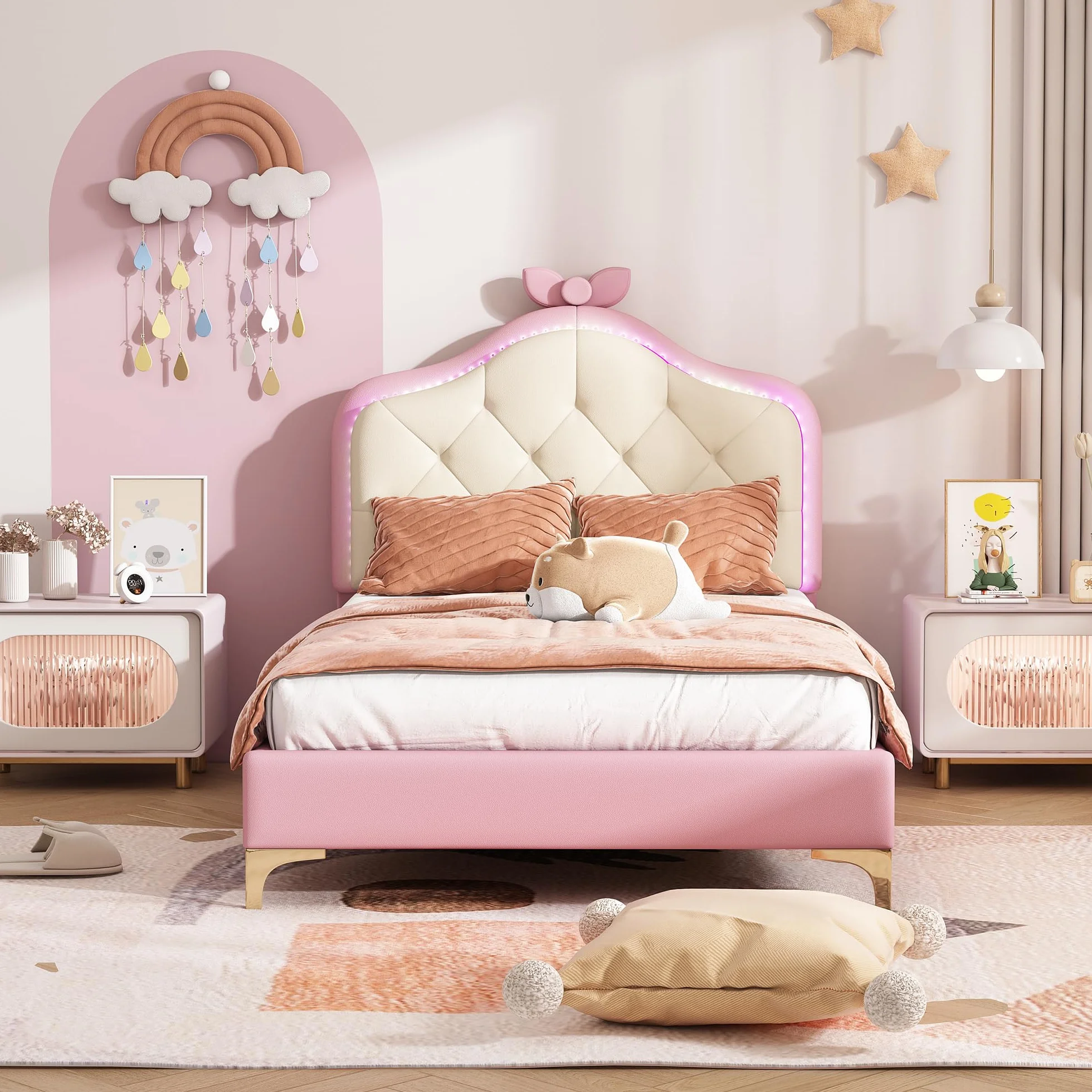 Cama tapizada mágica de princesa: rosa y blanco, 90 x 200 cm, cabecero con forma de nube con lazo y tiras LED, piel sintética, cama individual para niñas, ideal para habitación infantil con somier de