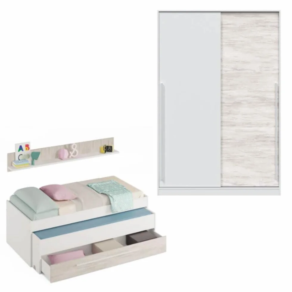 Mobelcenter, Dormitorio Juvenil Elliot, Conjunto Dormitorio Infantil Juvenil Color Blanco Artik y Blanco Velho, Cama Nido con Cajón y Armario 2 Puertas con Barra de Colgar y 4 estantes (P0055)