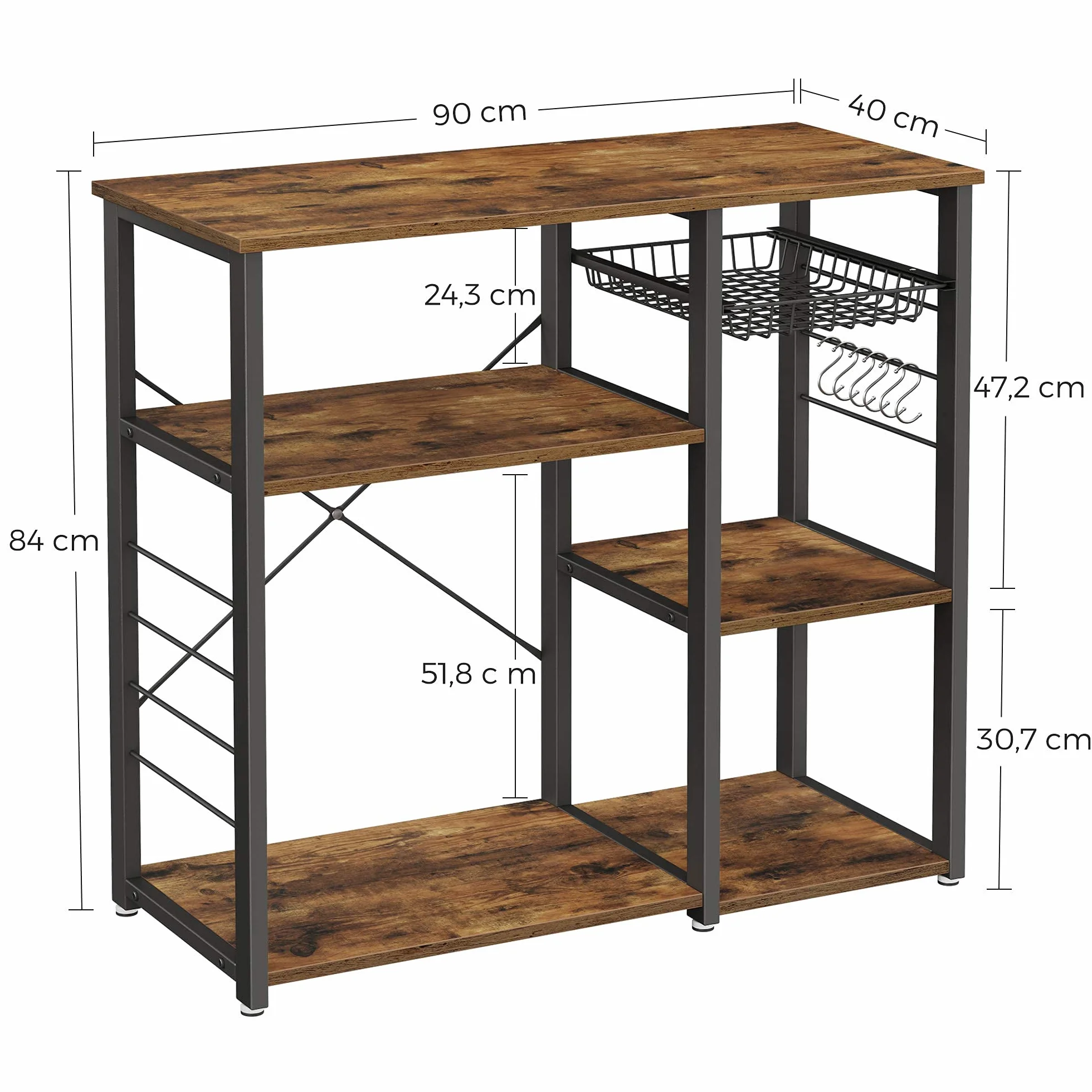 VASAGLE - Estantería de Cocina, con Marco de Acero, 1 Cesta y 6 Ganchos, Almacenamiento para Mini Horno, Especias y Utensilios, Estilo Industrial, marrón rústico y Negro KKS90X