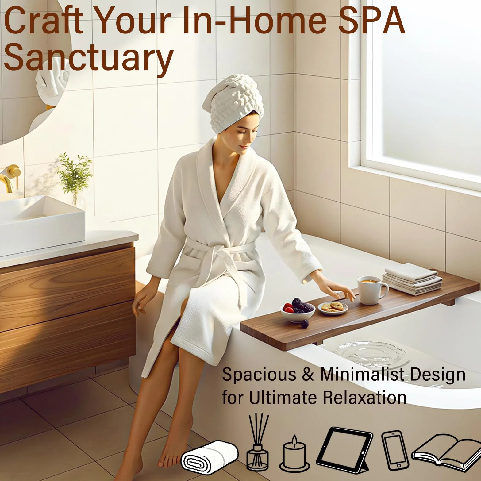 Bandeja de bañera de madera de acacia para bañera independiente, bandeja de baño ajustable de 35 pulgadas para bañera, mesa organizadora de lujo para spa, accesorios de bañera para mujeres