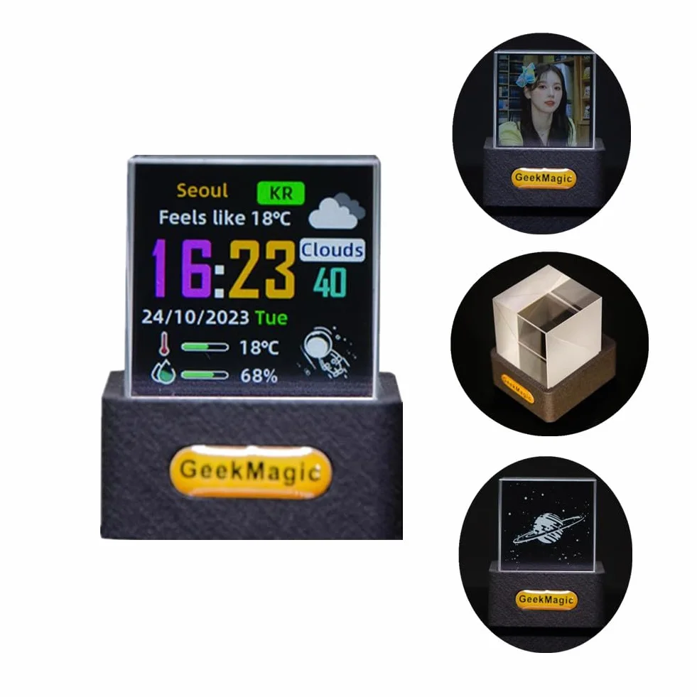 GeekMagic - Mini cubo holográfico 3D, pantalla de fotos 3D de cristal holográfico WiFi, estación meteorológica inteligente y reloj digital con animaciones GIF, marco de fotos electrónico, regalo