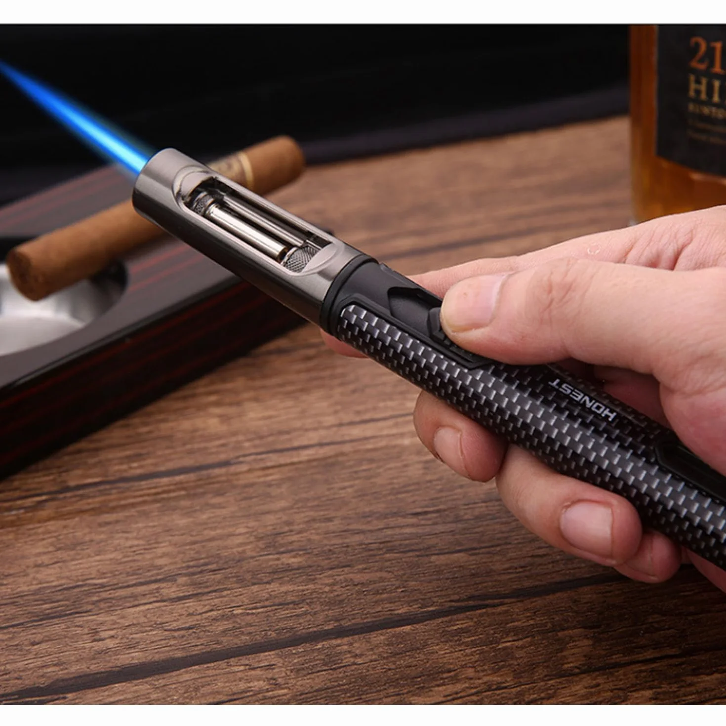 Encendedor Cigarro Ventana Visible Jet Flame Butano Recargable Antorcha Larga para Estufa Parrilla Barbacoa Vela Fuegos Artificiales Camping (Gas No Incluido),Blue