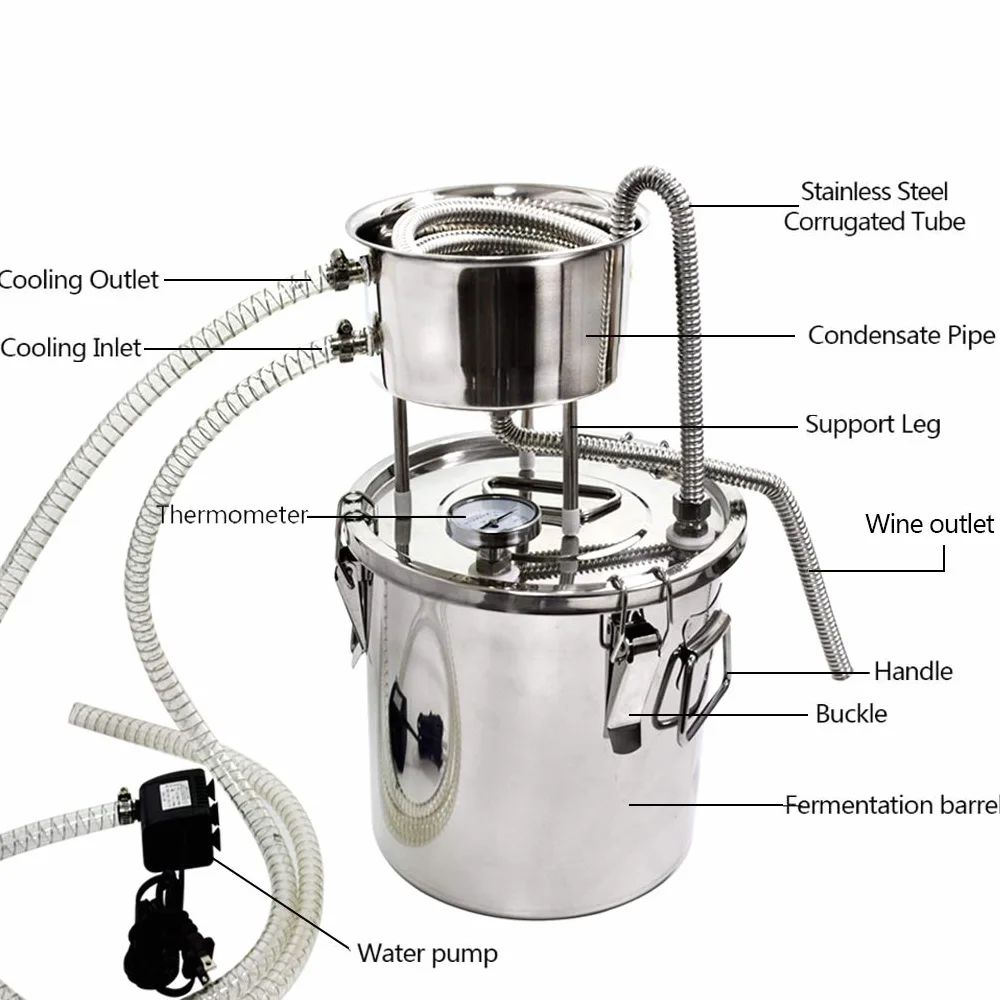Kit de destilador de alcohol de 20 L Moonshine Still Home de acero inoxidable 304 para hacer vino con bomba