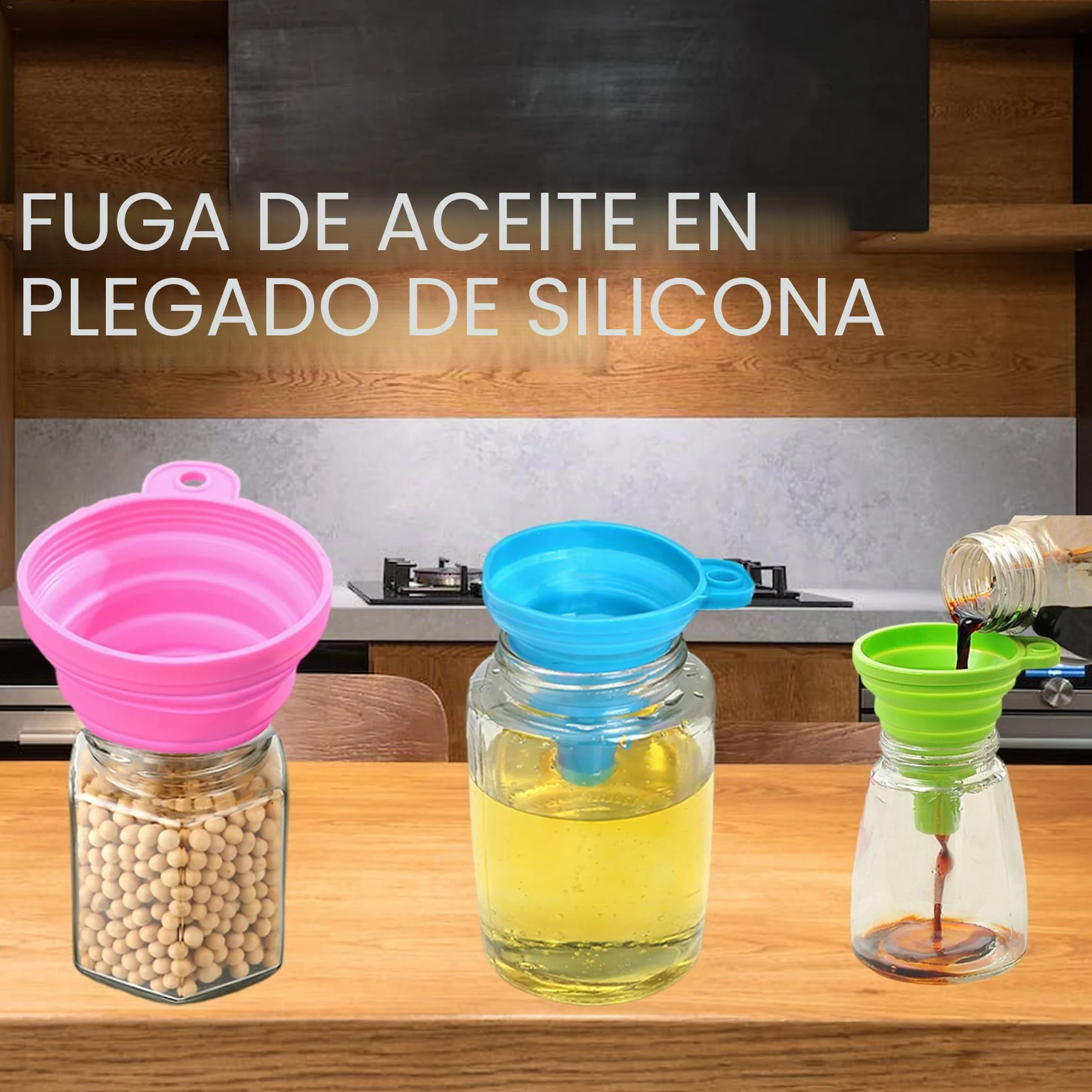 Juego de 3 Embudos Plegables de Silicona para Cocina - Pequeño/Mediano/Grande