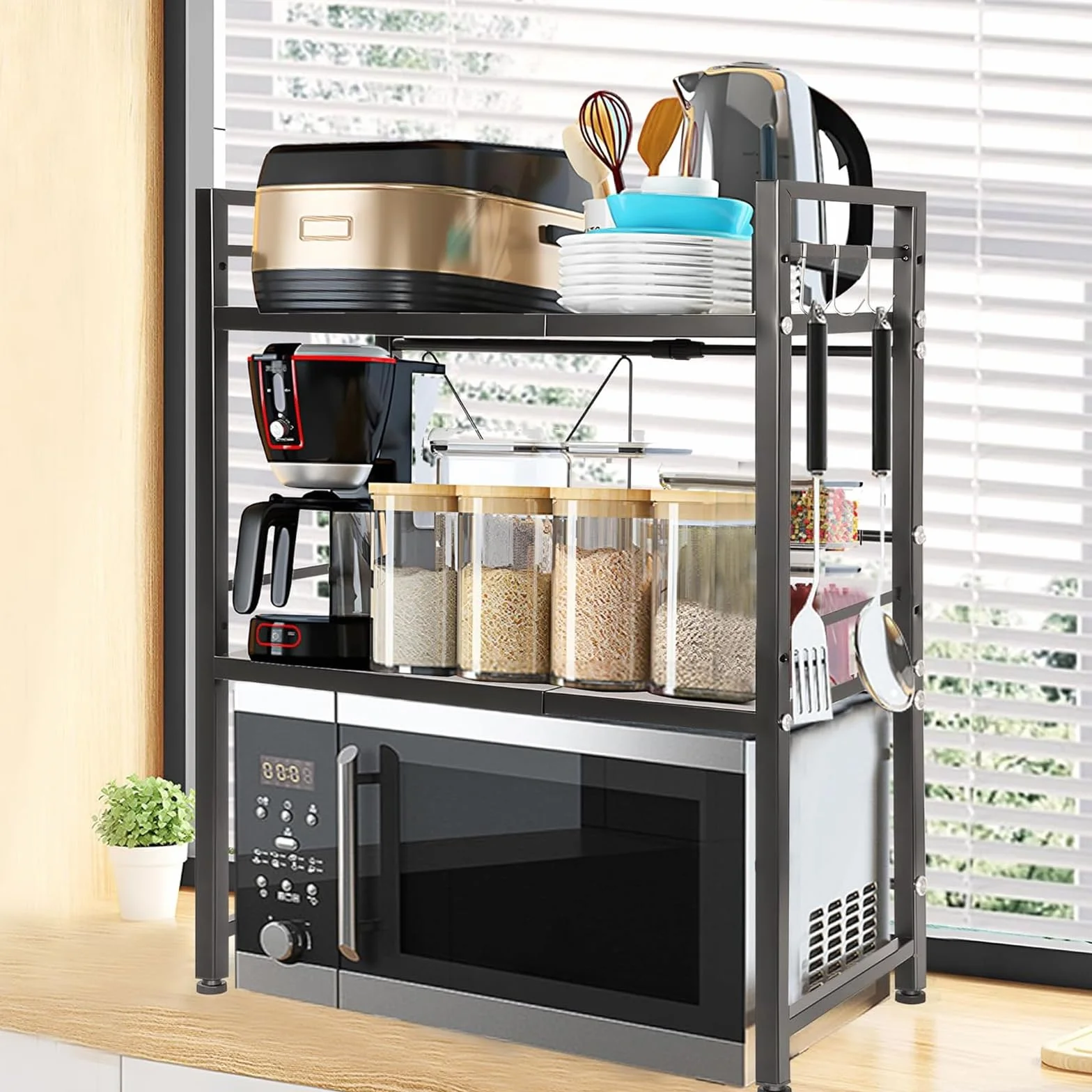 OUUTMEE Estantería expandible para microondas, estantería para microondas ajustable en altura de acero al carbono, organizador de mesa de cocina plegable para tostadora (negro de 3 niveles)