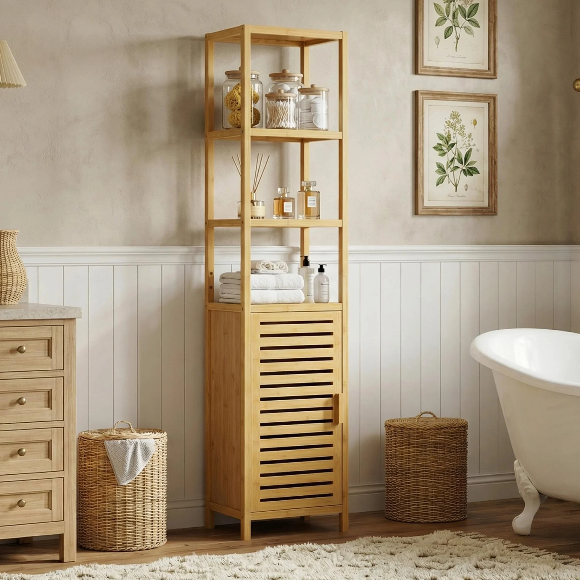 HITNET Mueble Columna Baño Estrecho, Armario Alto Baño Bambu, Gabinete de Almacenamiento con Estantes Ajustables y Compartimentos Abiertos, para Espacios Pequeños, Natural