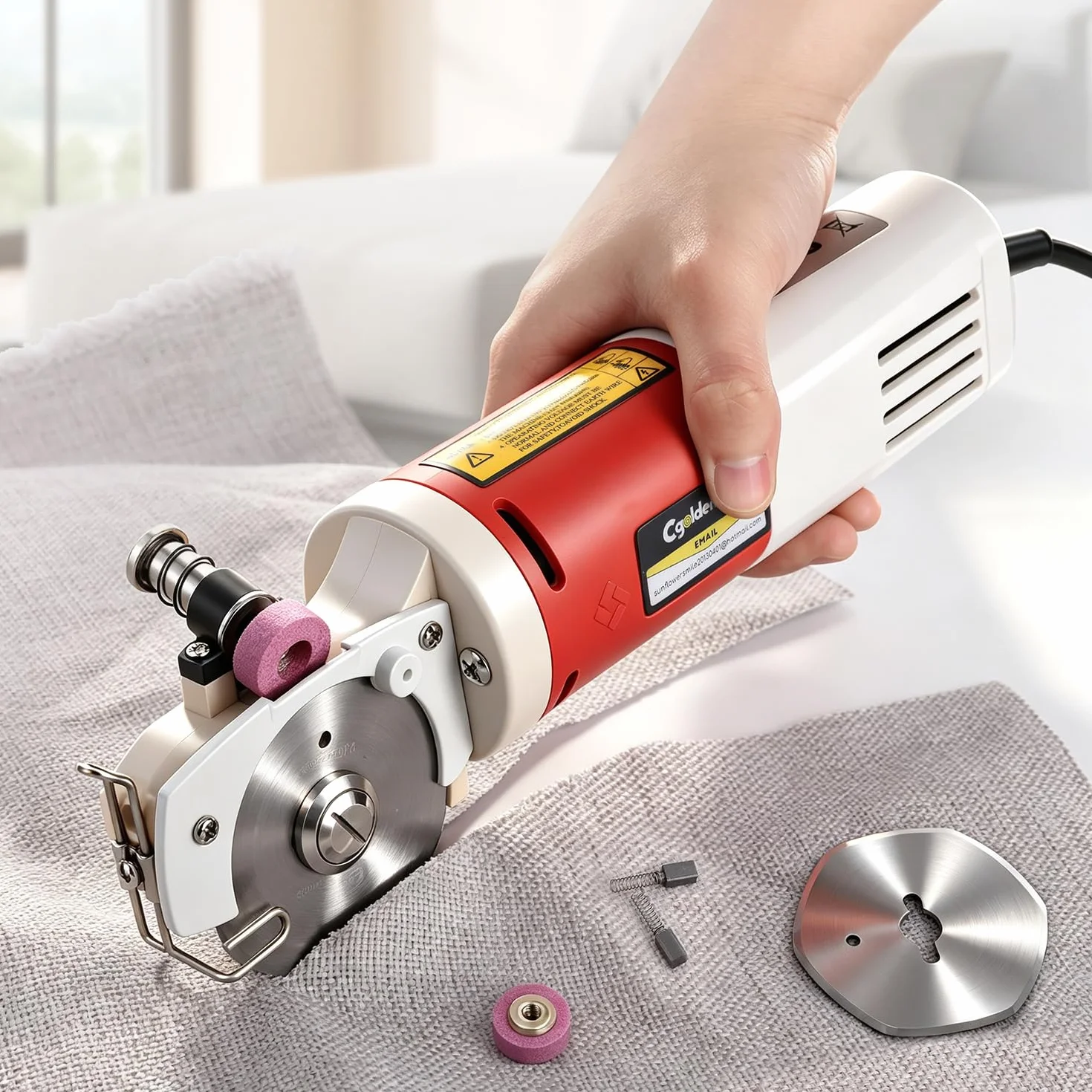 CGOLDENWALL YJ-65 Cortador de Tela Eléctrico con 22mm de Espesor Máx. de Corte, Tamaño de la Cuchilla 65mm, con Función de Afilado Automático, Ideal para Cortar Textil/Cuero/Alfombra