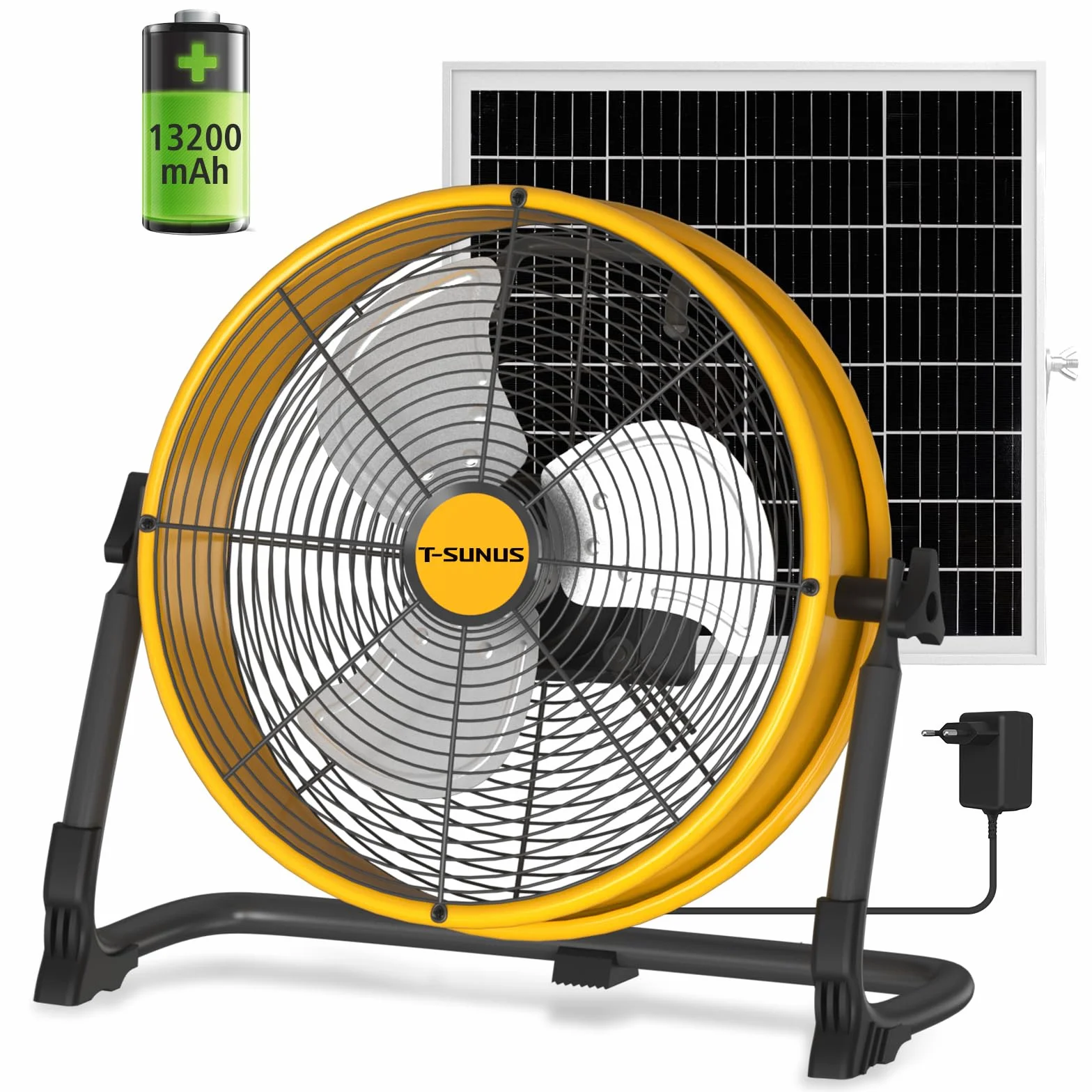T-SUNUS Ventilador de Suelo Solar, Ventilador Portátil Sin Cable con Doble Alimentación Solar/USB, Silencioso Velocidad Ajustable, Ventilador Solar Recargable para Camping Exterior Terraza Emergencias