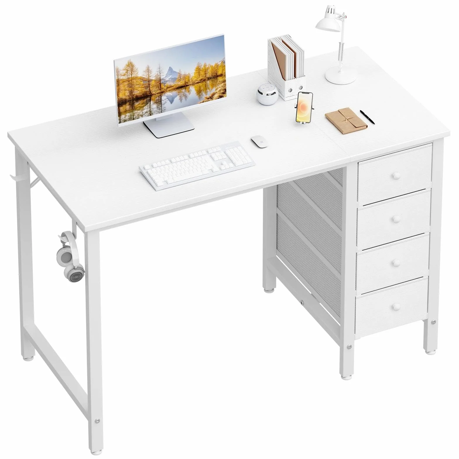 Lufeiya Escritorio Blanco Pequeño con Cajones,Mesa Escritorio de Estudio para Niños y Niñas, Escritorio Oficina Reversible para Espacios pequeños 100X48CM