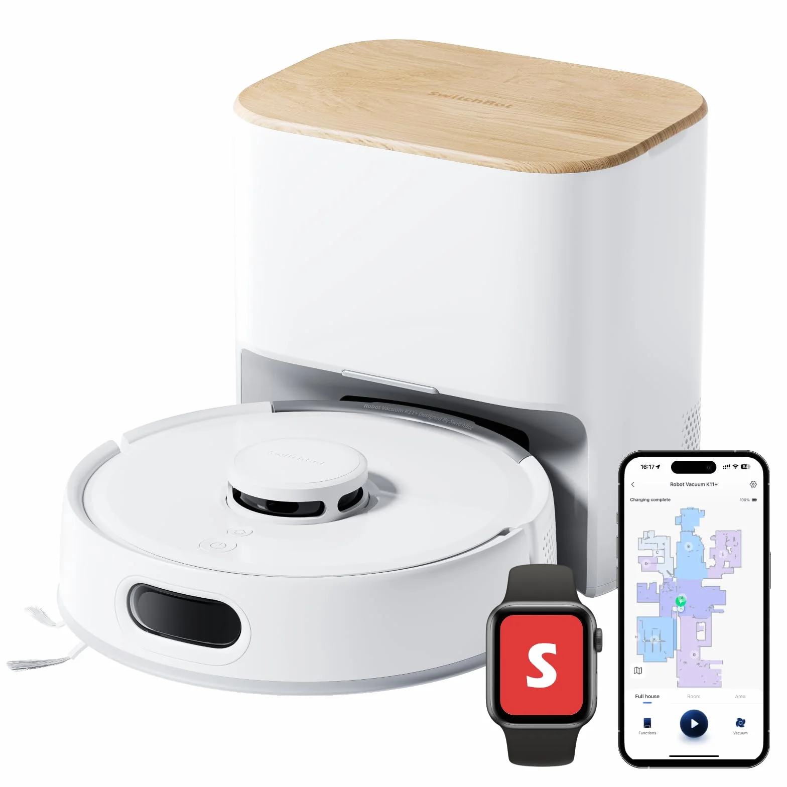 SwitchBot K11+ Robot Aspirador con fregona, 6000 Pa de succión, 90 días de Recogida de Polvo, autovaciado LDS Mapeo Inteligente diseño Delgado de 3,6 Pulgadas, Compatible con Apple Home Alexa Google