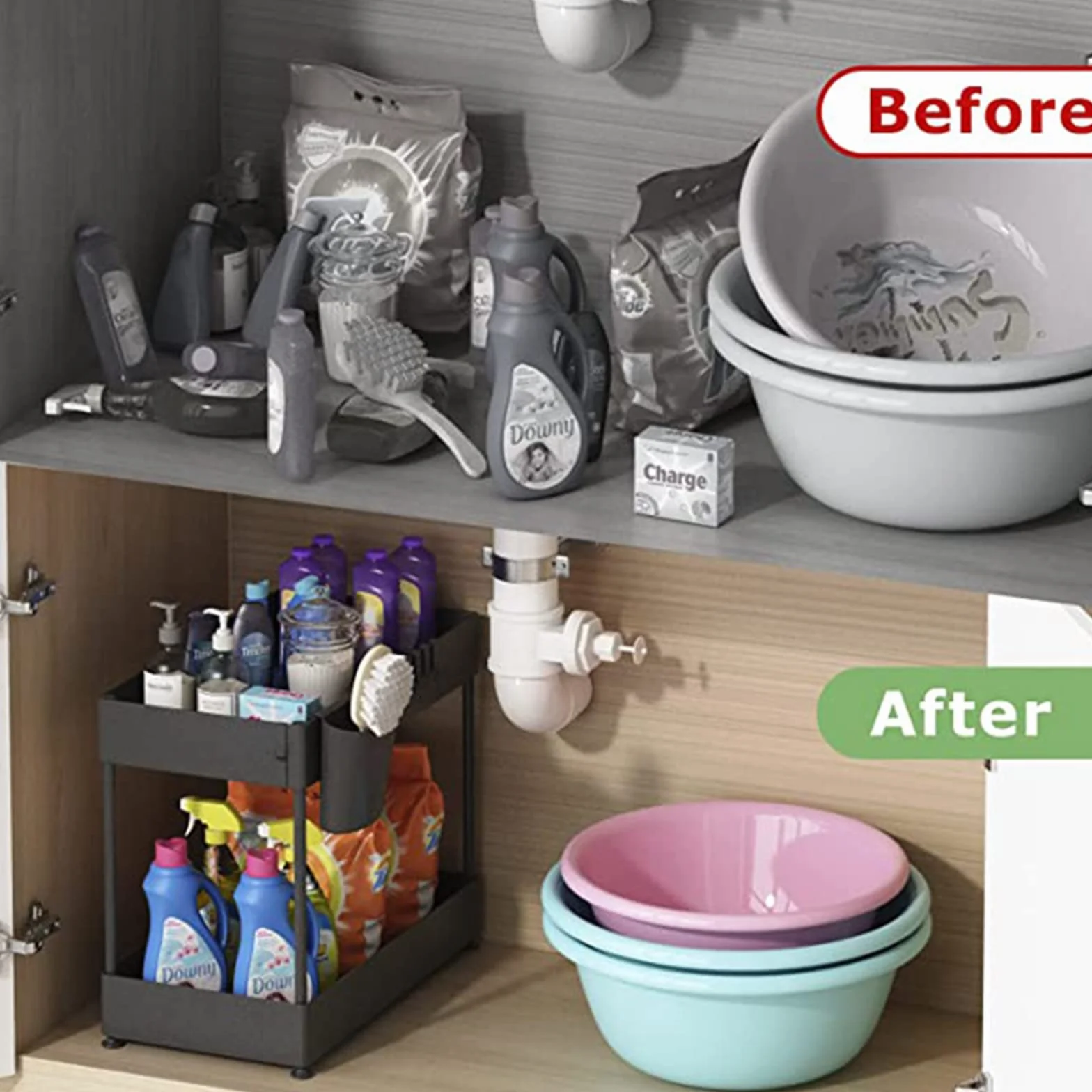 PRUJOY Organizador Debajo del Fregadero, Organizador de Almacenamiento, Organizador de gabinete de Cocina y Cesta de Almacenamiento con Ganchos, 2 Niveles para baño y Cocina