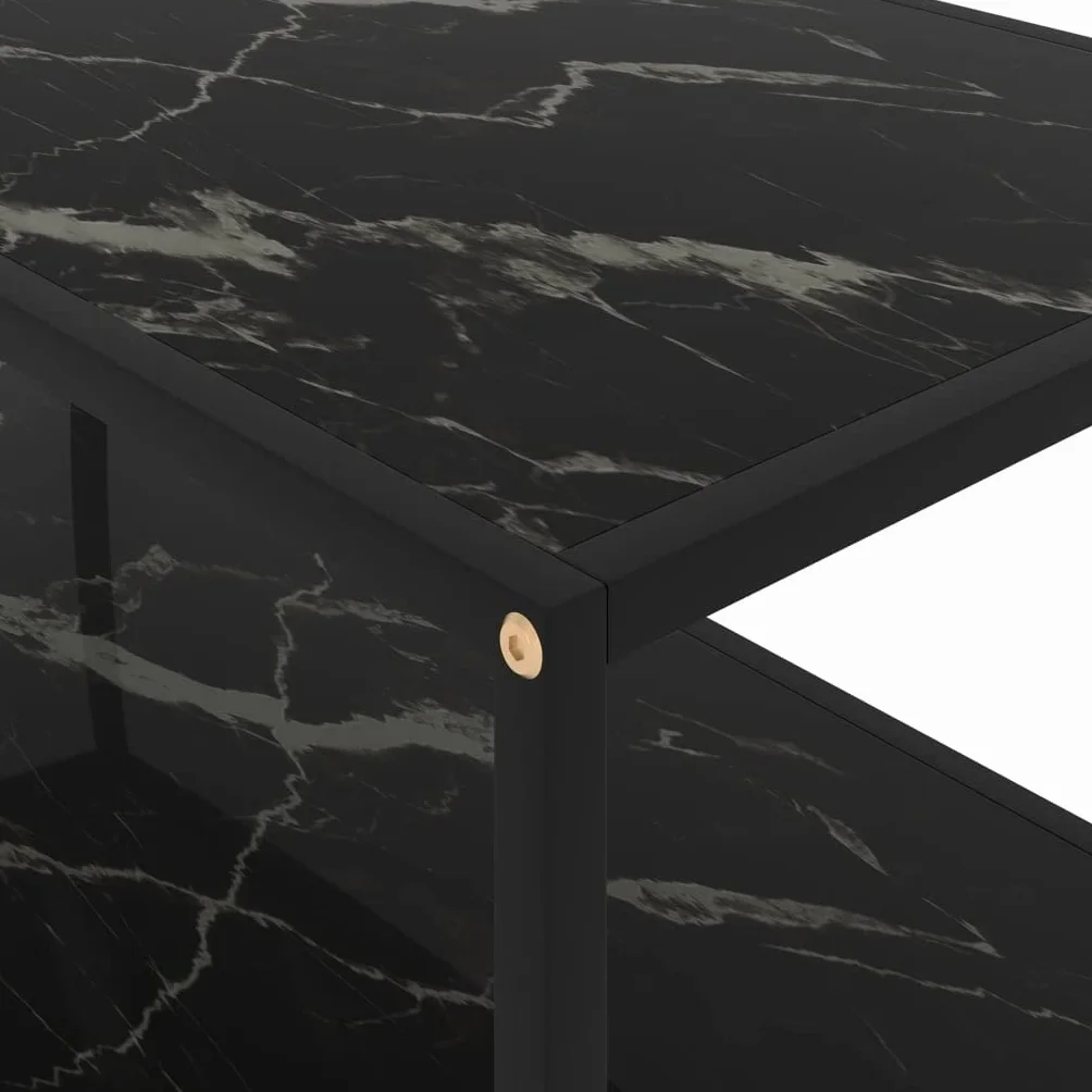 Mesa de centro negra 100 x 50 x 35 cm, vidrio templado con aspecto de mármol, diseño de 2 niveles, mesa de café moderna para salón, mesa auxiliar robusta de acero