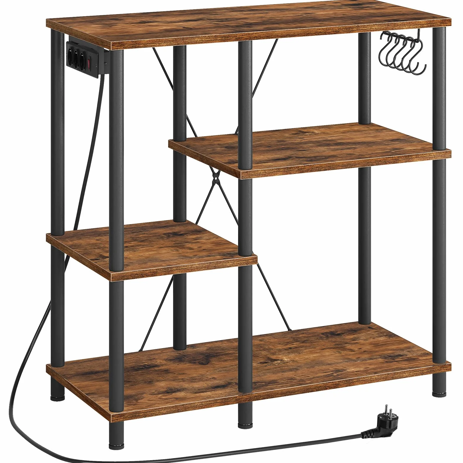 HOOBRO Estantería de Cocina con Toma de Corriente, Estantería para Microondas, Estantería de Panadería con 5 Ganchos, Multi-función Utensilios de Cocina Estantes de Almacenamiento, Marrón EBF07CHB01