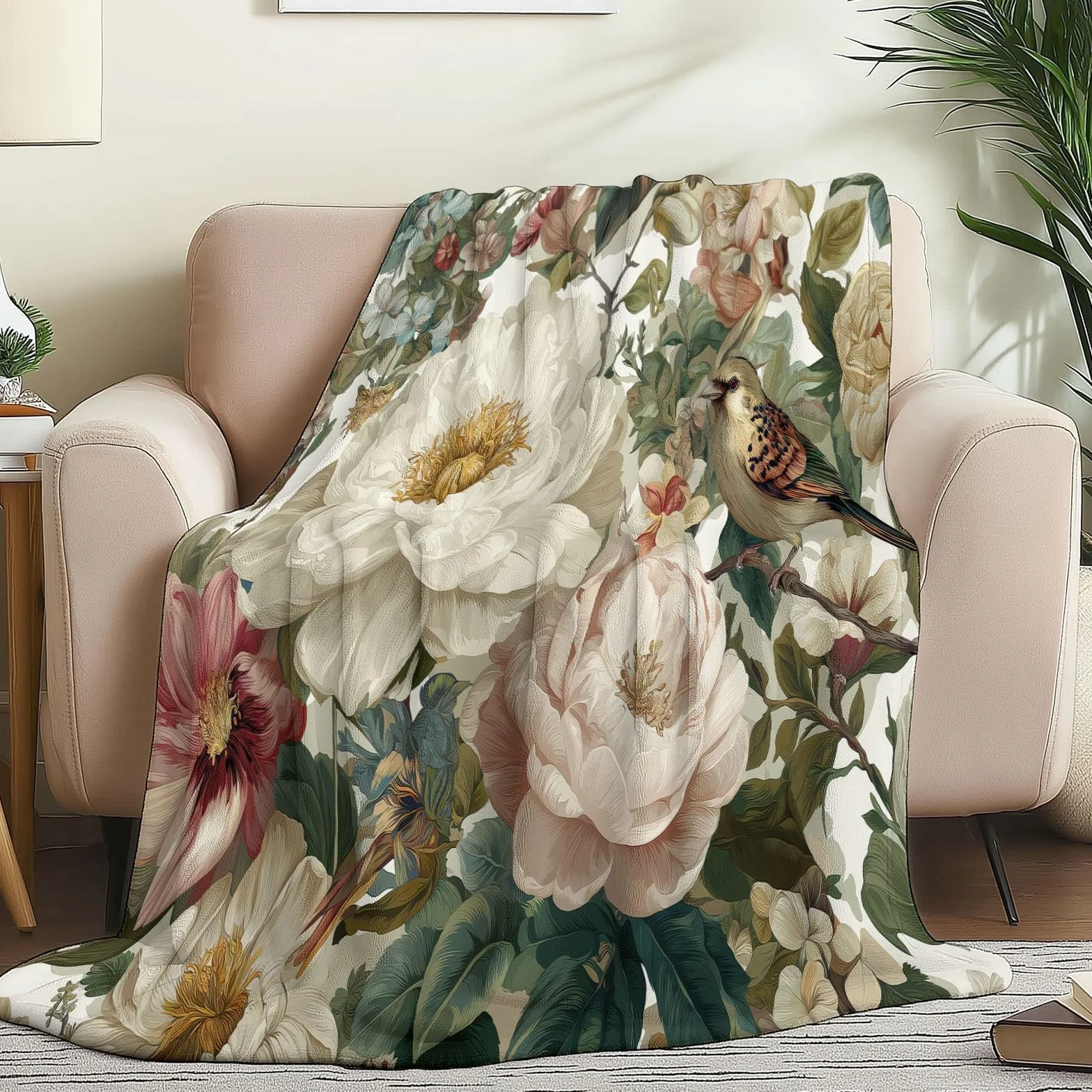 Manta de forro polar de franela, crema suave duradera cálida peluche 200 x 220 cm mantas, vintage plantas enredaderas rosas flores impresión manta franela día de la madre Navidad regalos para mamá