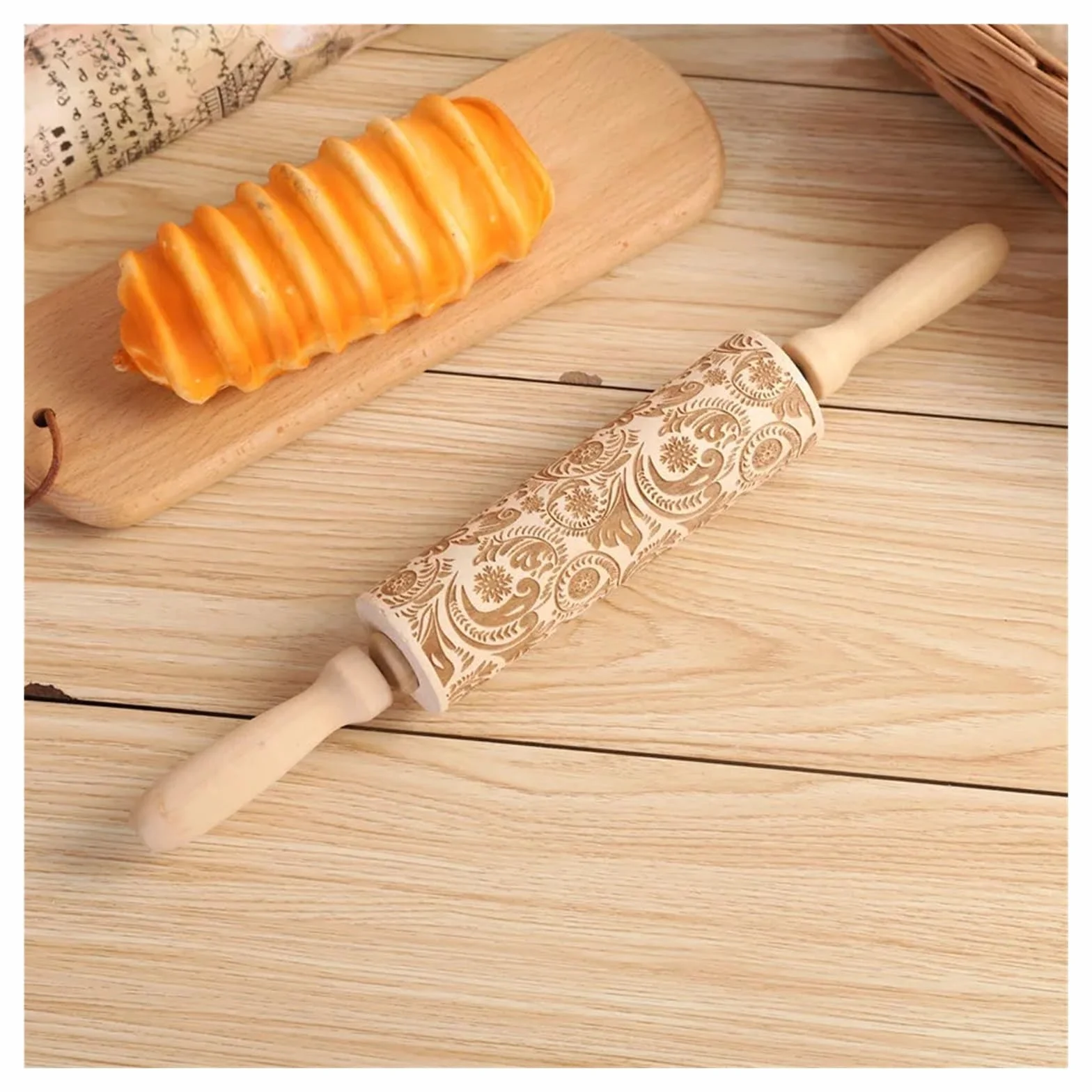 1 Rodillo Grabado en Relieve for Hornear Galletas, Fondant, Pasteles, Masa, Rodillo Estampado, Accesorios de Cocina Rodillo para Masa Madera(Color 1)