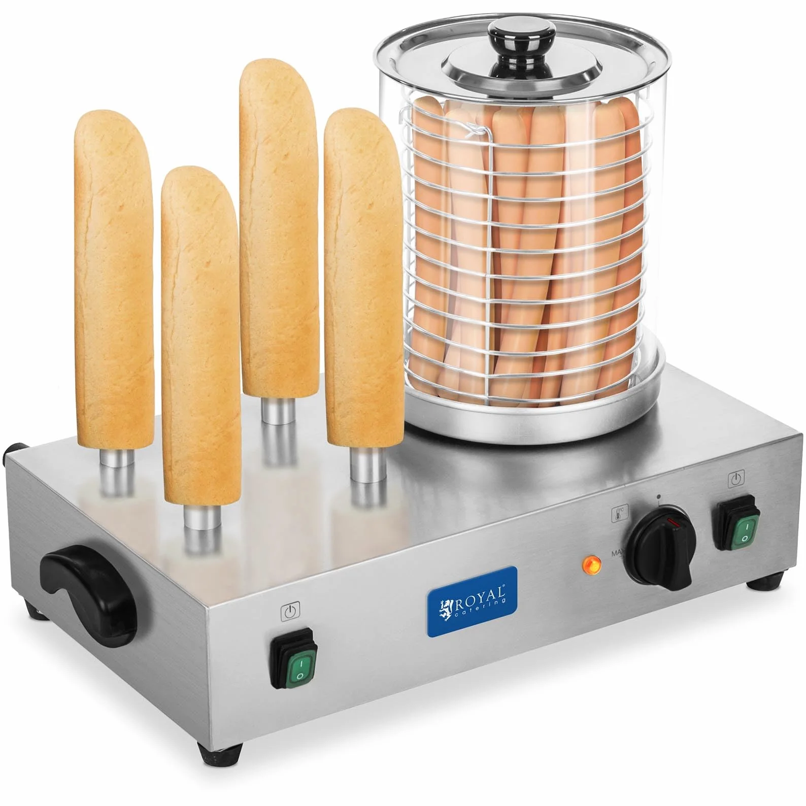 Royal Catering Máquina de Perritos Calientes Profesional RCHW 2300 (4 Pinchos, 1100 W, Temperatura 0-95 °C, Altura del Cilindro 24 cm, Ø 20 cm)