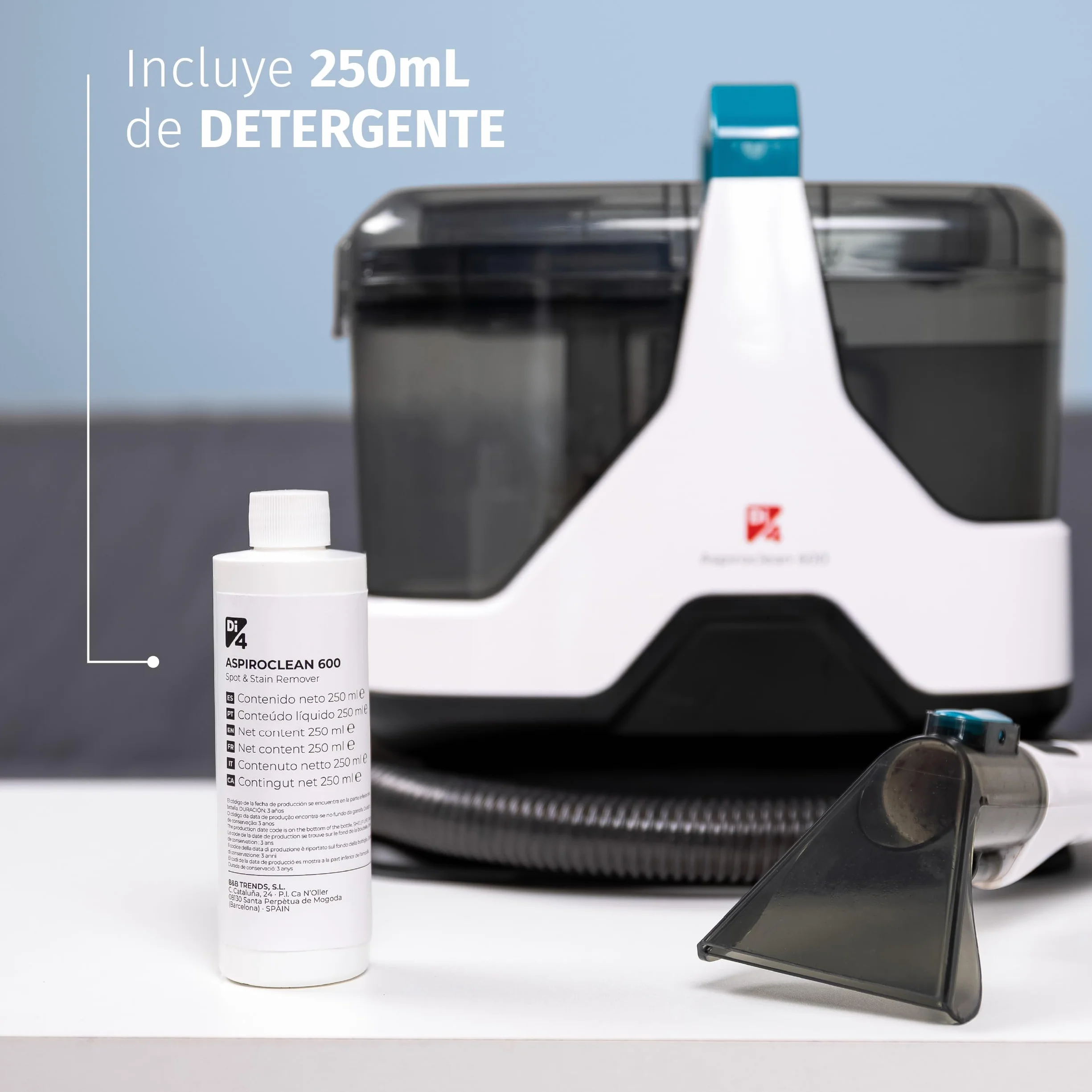 Di4 Aspiroclean 600W Aspirador de Tapicerías, Líquidos y Sólidos, Cepillo Multifunción, Accesorio Limpiacristales, Apto para Suciedad Mascotas, Alfombras, Sofás, Coche y Cristales, Incluye Detergente