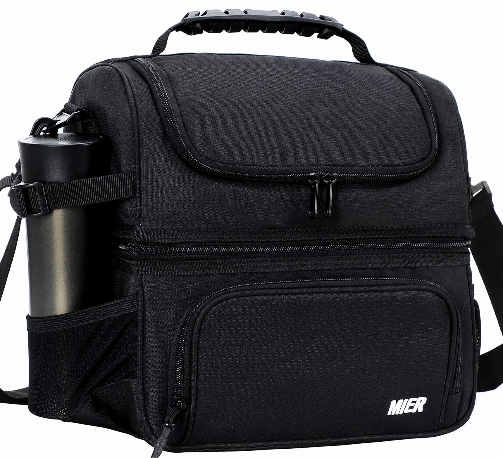 MIER Bolsa de almuerzo con doble compartimento para hombres y mujeres, bolsa térmica aislada a prueba de fugas, color negro