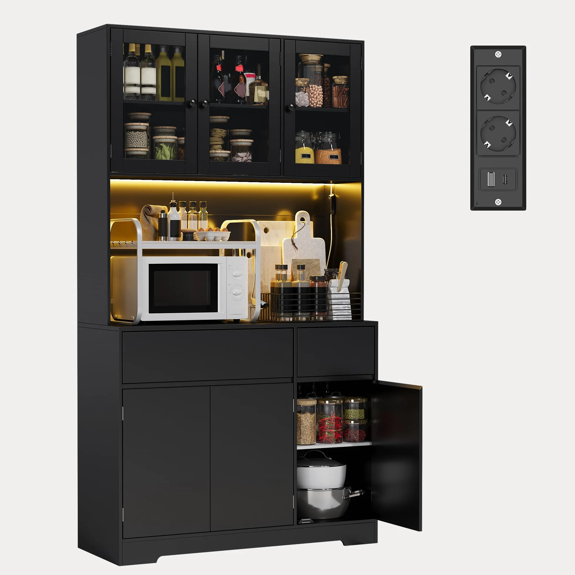 Armario Cocina Alto con LED y Enchufe, Mueble Auxiliar con Vitrina 6 Puertas 2 Cajones, 100x38,5x180 cm