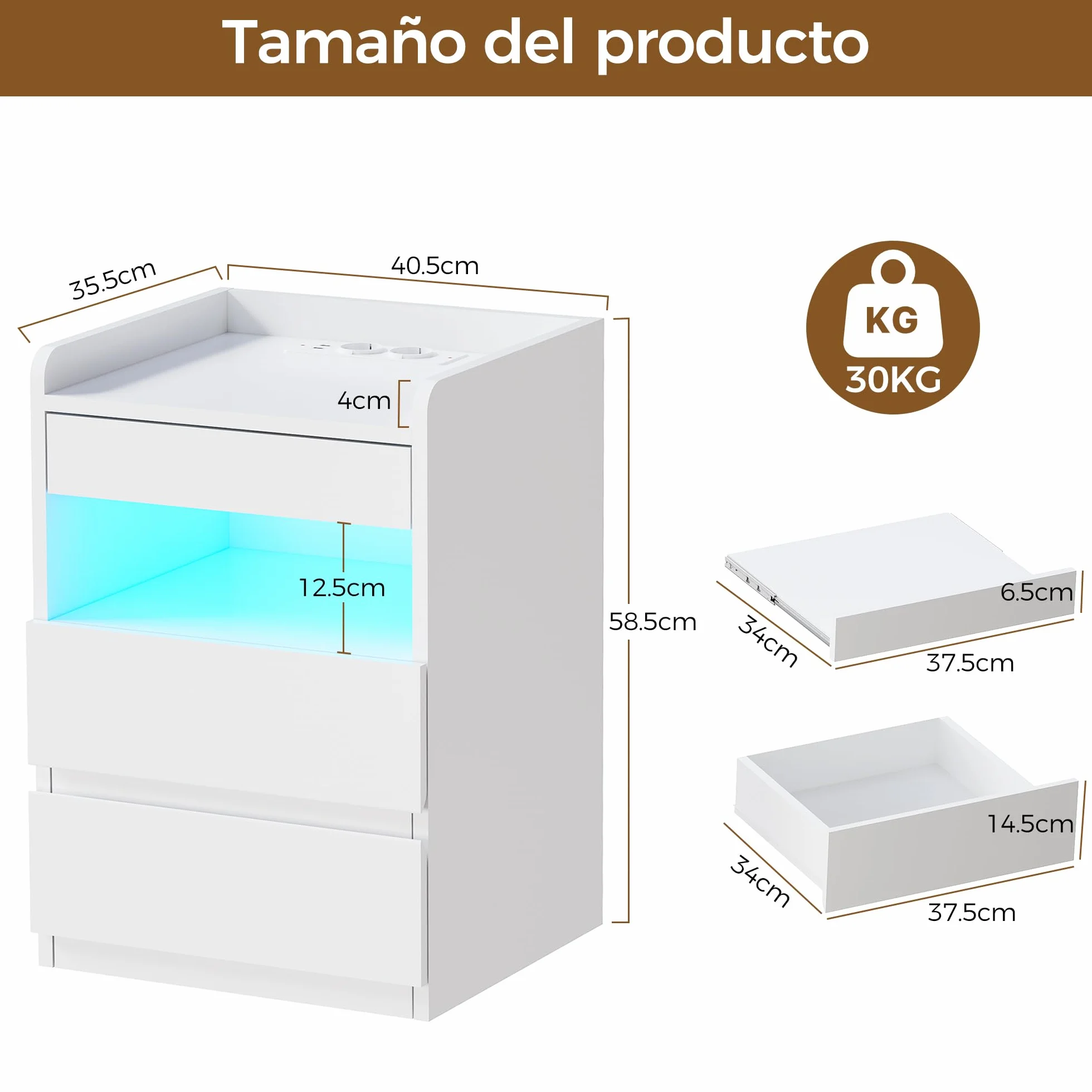 BEWISHOME Juego de 2 Mesitas de Noche,con Compartimento Oculto,con Luces LED y Estación de Carga Mesas Auxiliares(2 Tomas AC 2 Puertos USB),para Salón,Dormitorio (Blanco) EFCG02W