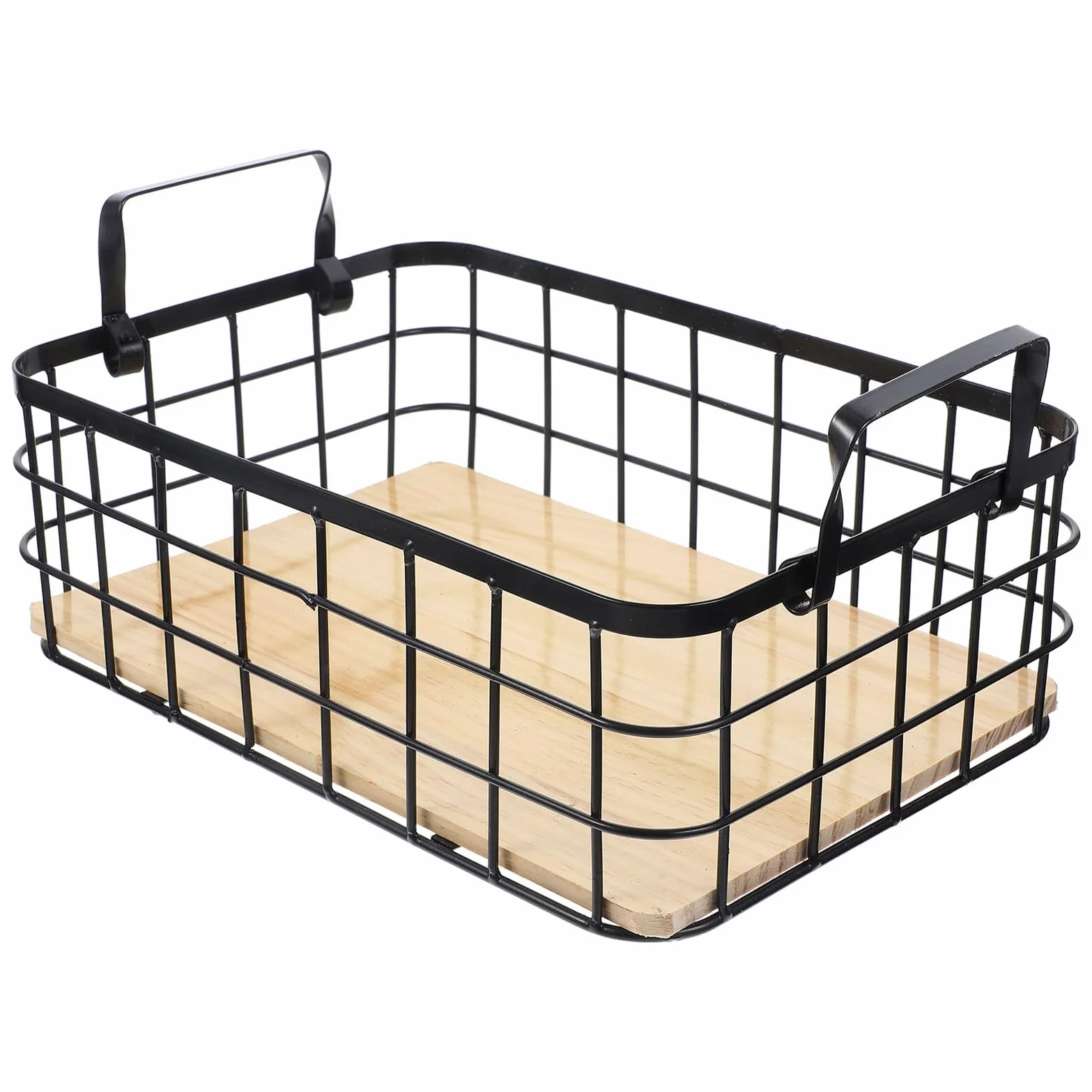 Cesta de Almacenamiento de Alambre Negra Asas de Hierro y Base de Madera | Organizador Multiuso para Cocina y Frutas, Diseño Sencillo y Práctico, Uso en Escritorio Doméstico