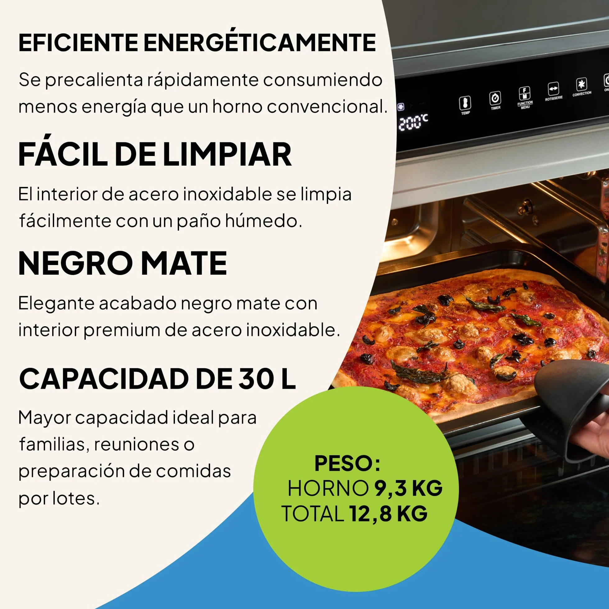 Fridja F77 Horno Súper Pro de 30L – Horno Freidora de Aire Digital LED Premium – 18 Programas Inteligentes, Función de Asador Giratorio (Rotisserie), Fácil de Limpiar, Rápido, Potente y Versátil, Inte