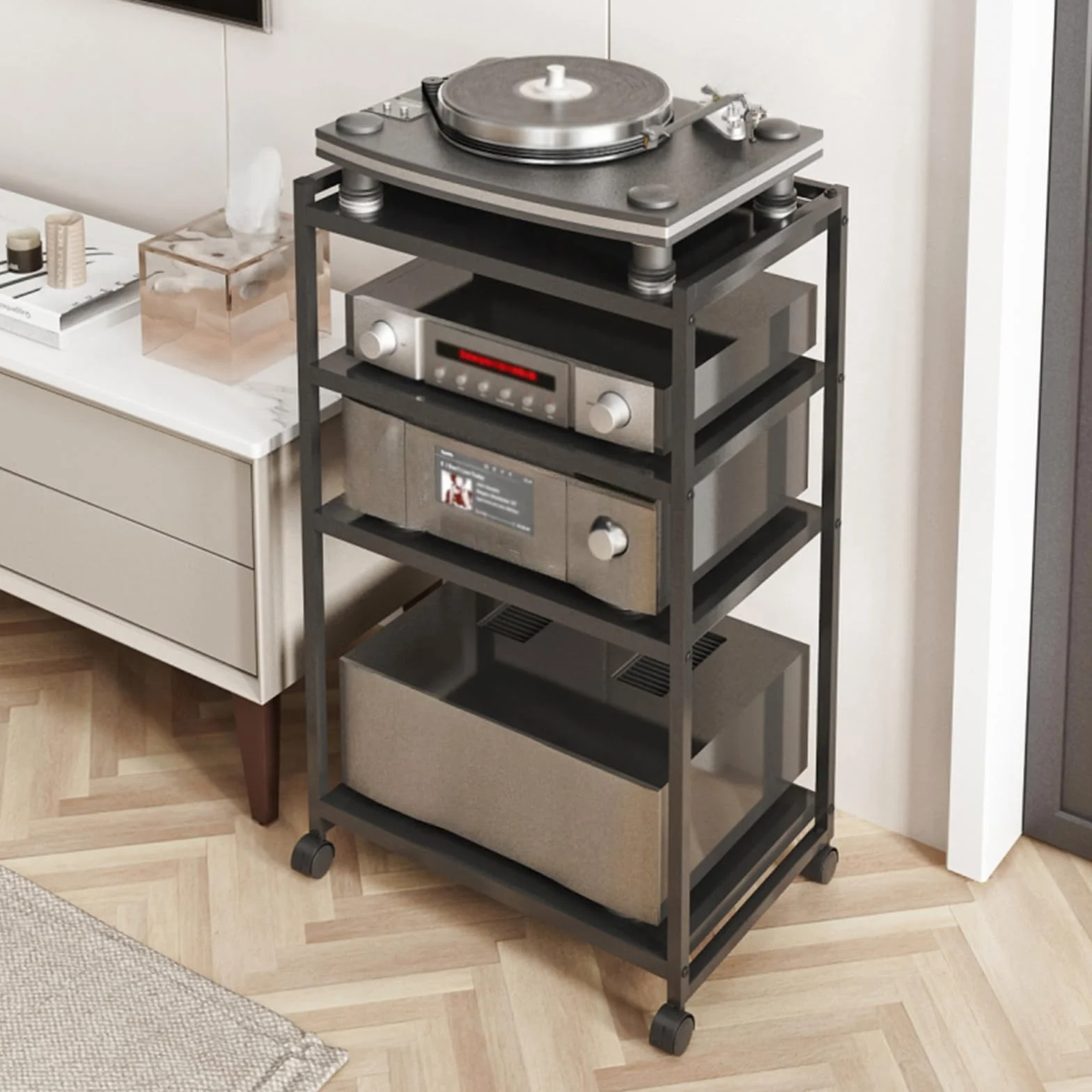 Estantes Hifi for Tocadiscos Audiovisuales de 4 Niveles, Consola MetáLica Plegable con Ruedas, Estantes ExtraíBles, Soporte for Audio EstéReo, for CD, Organizador de Componentes de Entretenimiento