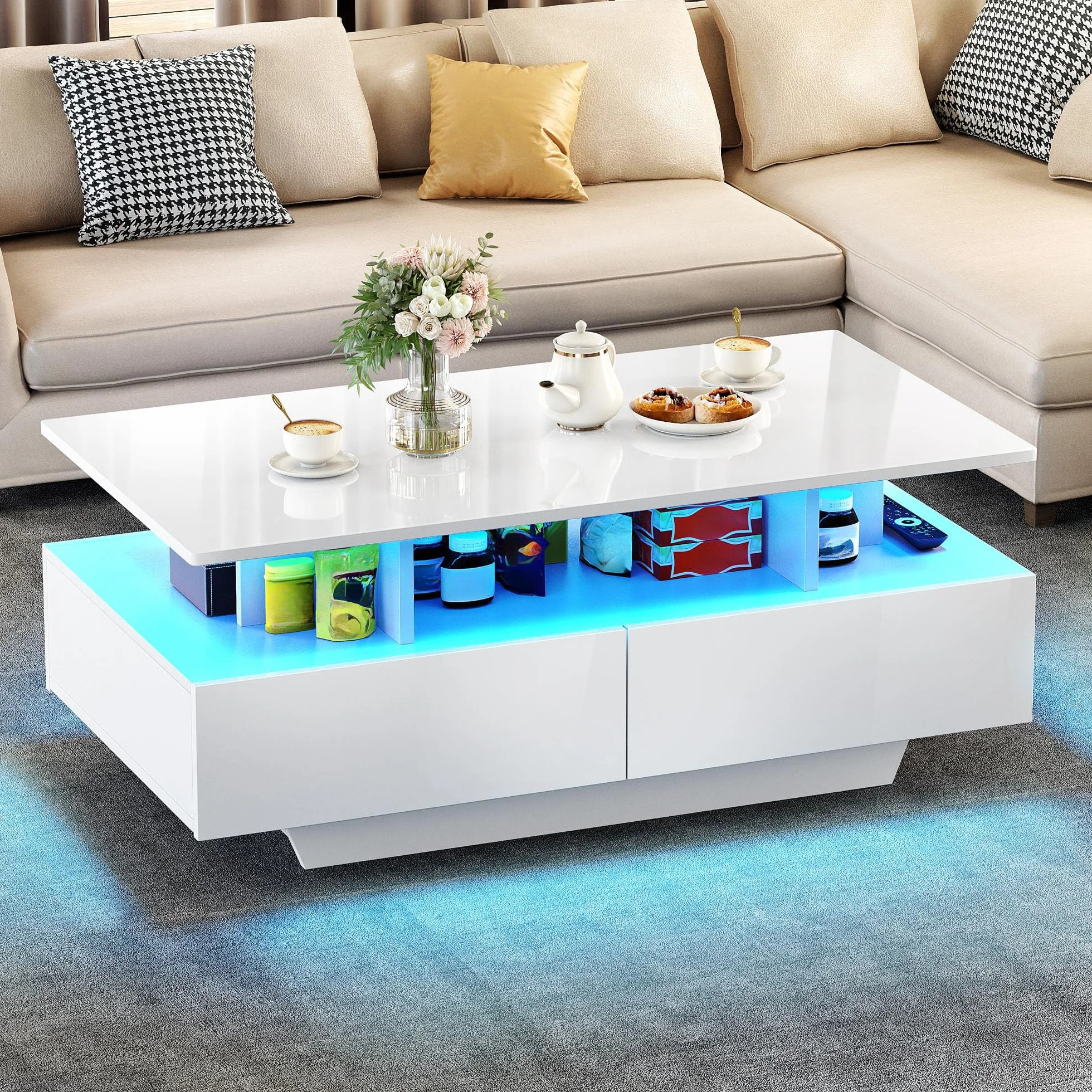 YITAHOME Mesa de Centro con 16 Colores LED para Sala, Mesa Cafe Madera con Estante Abierto y 4 cajones, Mesa de Centro Blanca Moderna