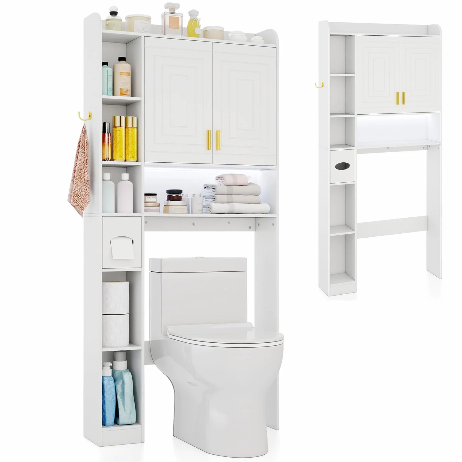 GOPLUS Mueble para WC con Almacenamiento, Armario de Baño con Estante Ajustable, Armario con 2 Puertas, 7 Compartimentos Abiertos, Barra Inferior Ajustable, Mueble para Baño y Lavandería (Blanco)