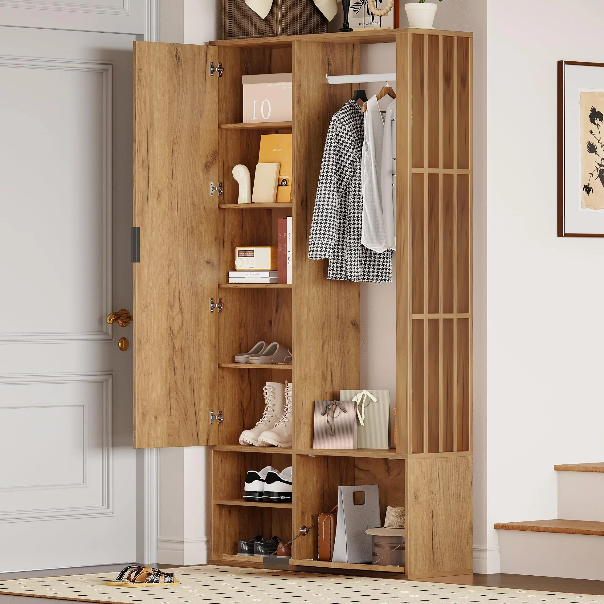 MURUL Armario 6 en 1, 100 x 33 x 190 cm, natural, con espejo, tendedero y puerta, armario de pasillo de 100 cm de ancho para colgar abrigos