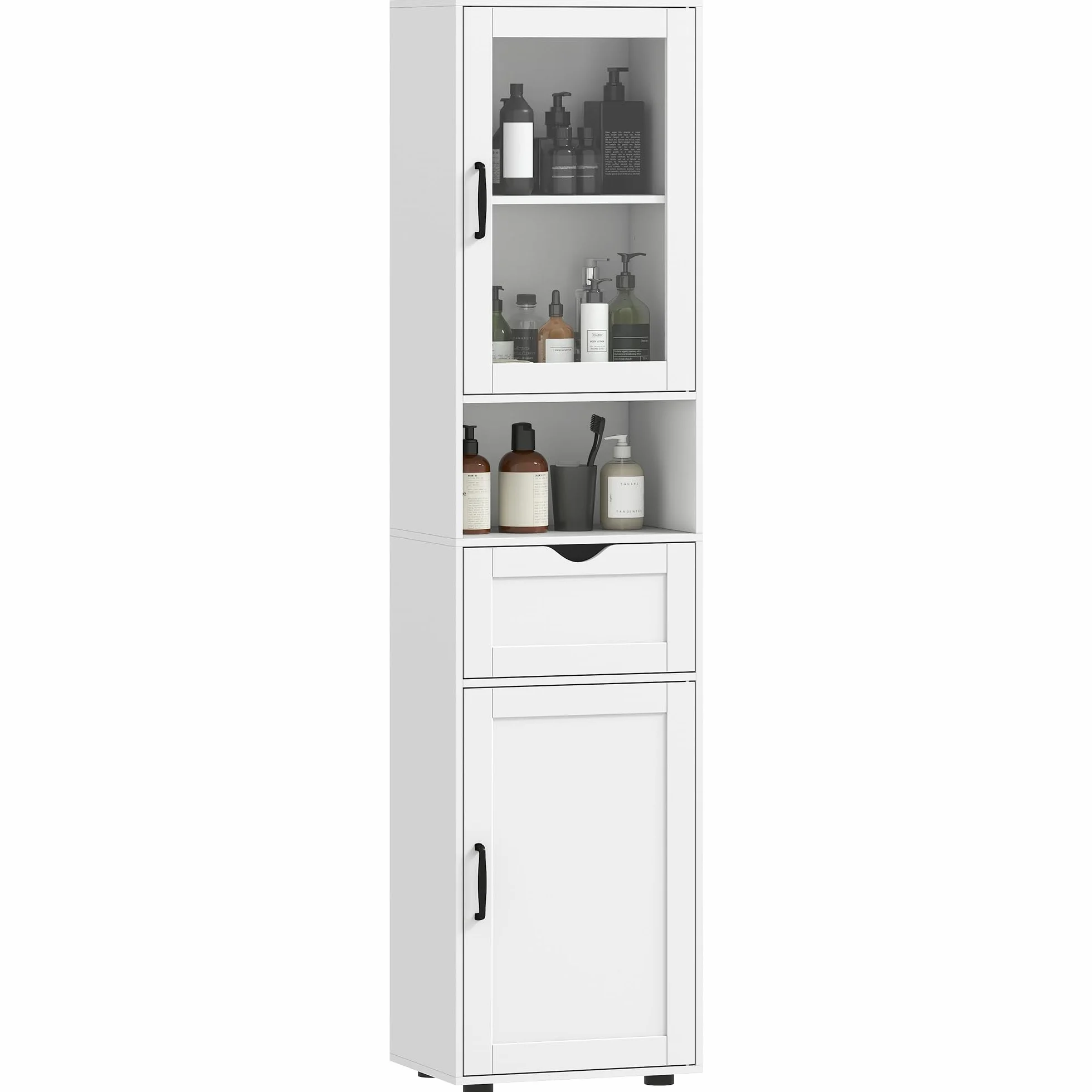 HOMCOM Armario de Baño Alto, Mueble Auxiliar de Baño con Puerta de Vidrio, Estantes Ajustables, Cajón, Estante Abierto, Columna Estrecha para Espacios Pequeños, 40x30x165 cm, Blanco