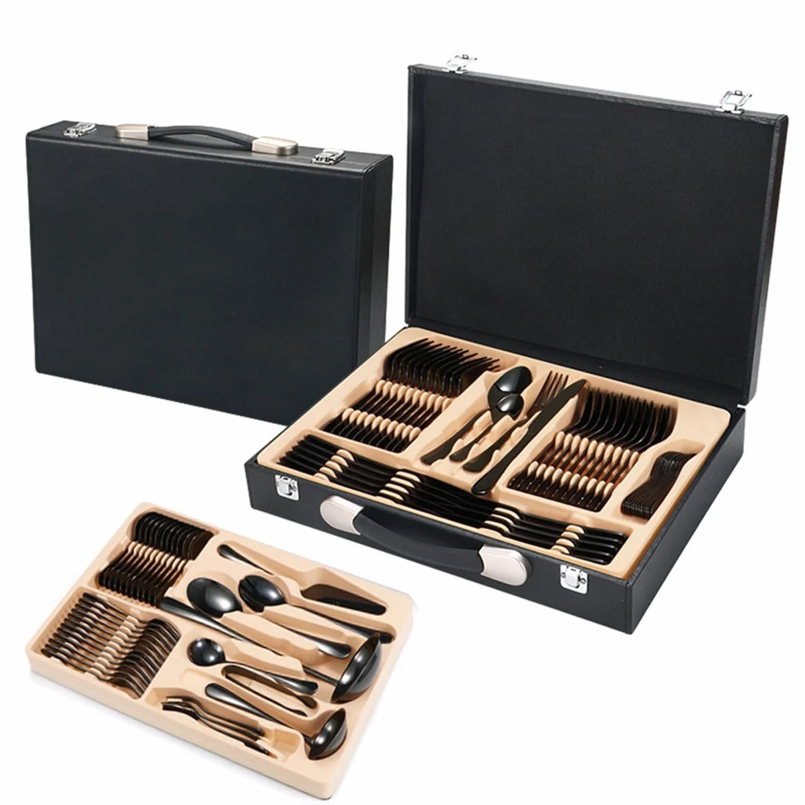 Juego de cubiertos de acero inoxidable, 84 piezas, elegante vajilla, con estuche, ideal para el hogar, servicio de hotel, banquetes, eventos y regalos especiales para celebraciones.(Black)