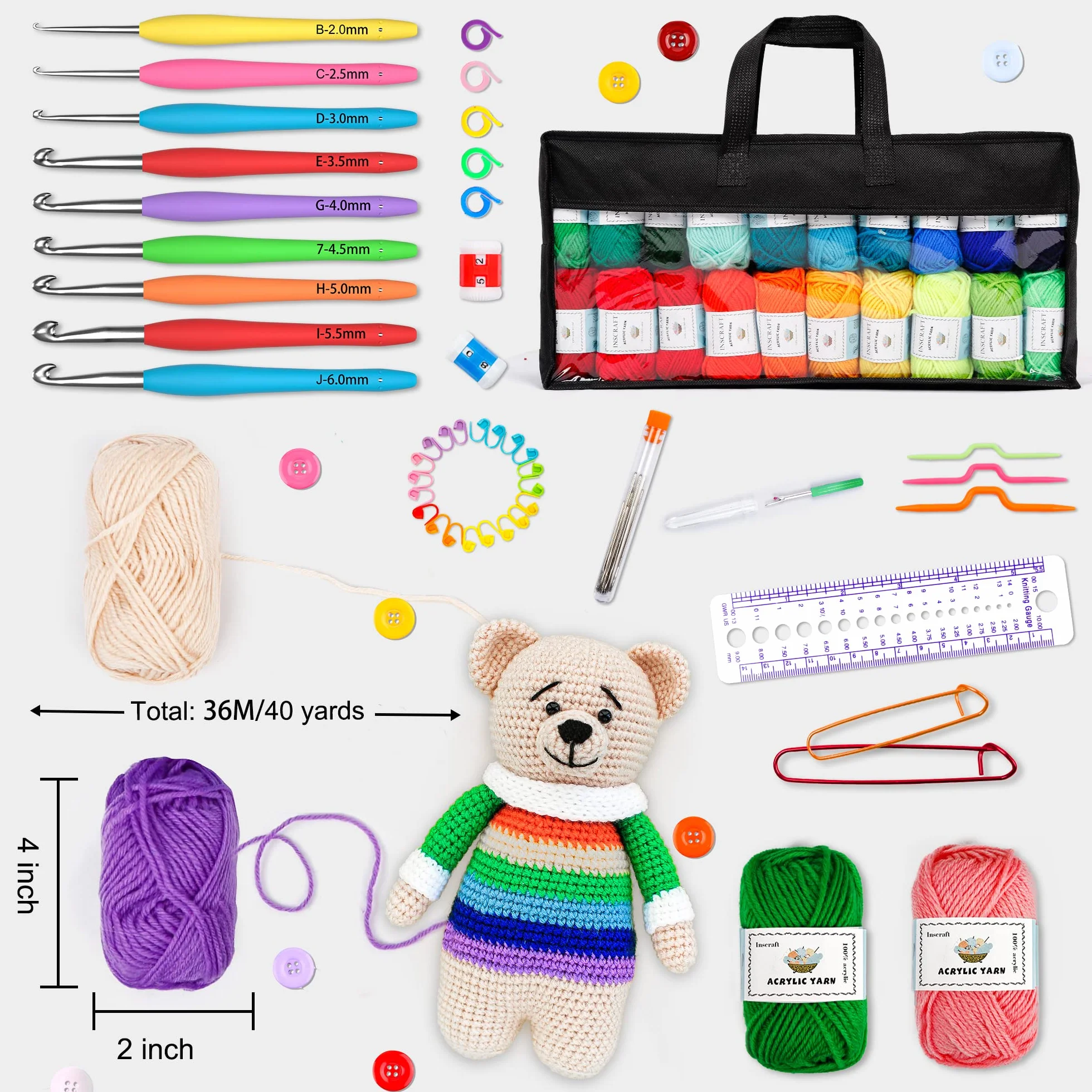 INSCRAFT Hilado de 40 colores con kit de gancho de ganchillo