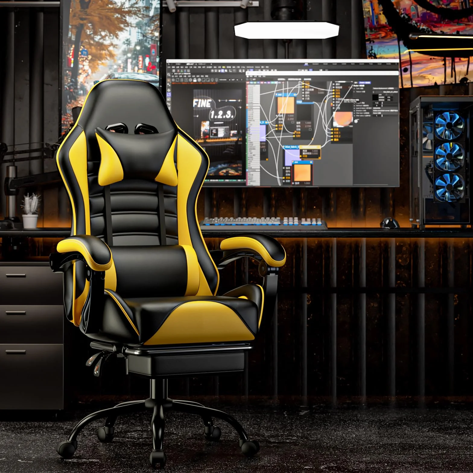 Silla de Juego con reposapiés,Silla y Mesa de Juego Ajustable en Altura,Silla de Juego para Adultos con Soporte Lumbar,Silla de Ordenador de Cuero sintético (Amarillo)