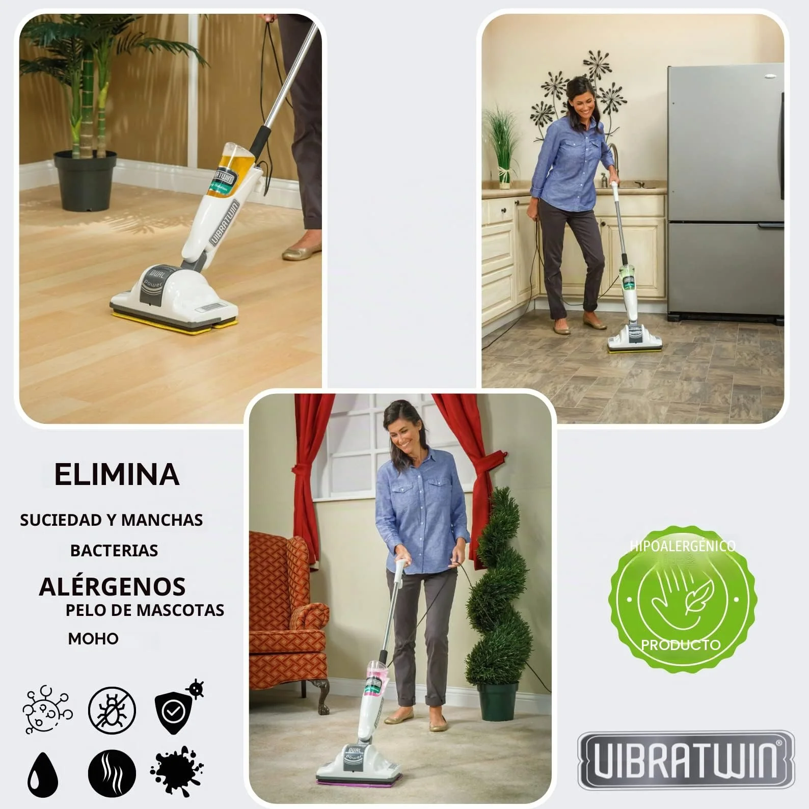 VIBRATWIN Dual Action Limpiadora de Suelos Eléctrica de Doble acción Friega, Frota, Limpia y Rejuvenece todas las Superficies de Madera, Piedra, Moqueta, Mármol (VIBRATWIN)
