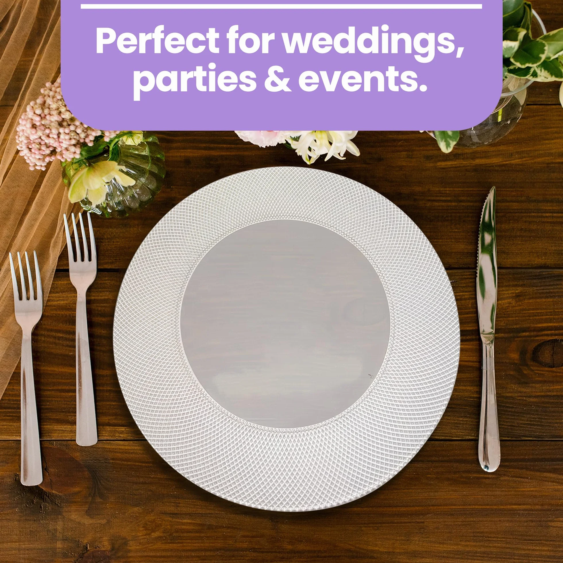 Elegante plato de carga de vidrio a cuadros plateado de 33 cm, placa inferior redonda ideal para bodas, fiestas, aniversarios, fiestas de cumpleaños, vajilla y eventos de catering, 6 unidades