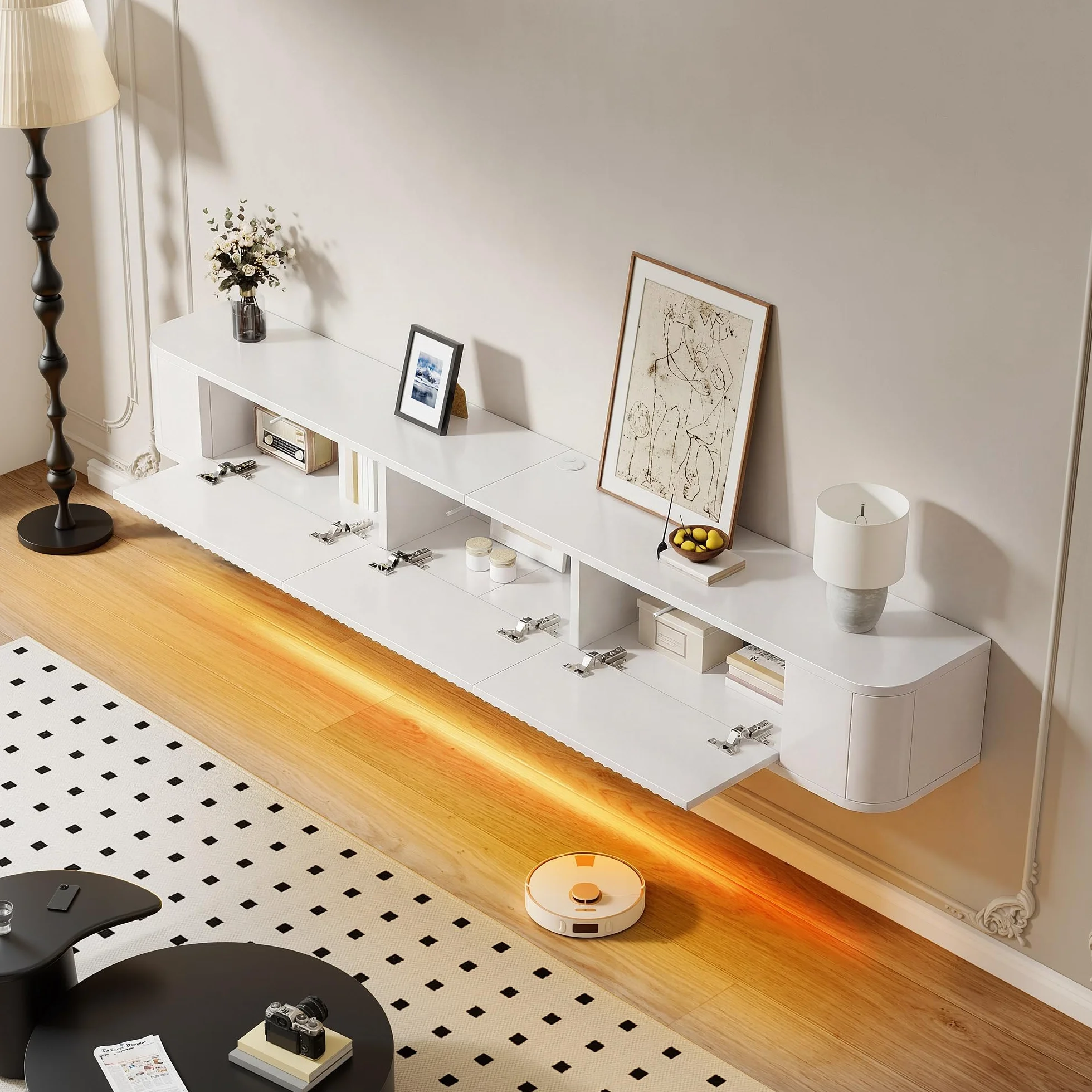 YITAHOME Soporte Flotante de TV de 180 cm, estantes de TV montados en la Pared con luz LED RGB, Consola Multimedia de TV Blanca de Alto Brillo, Armario de TV Flotante de Gran Almacenamiento para Sala