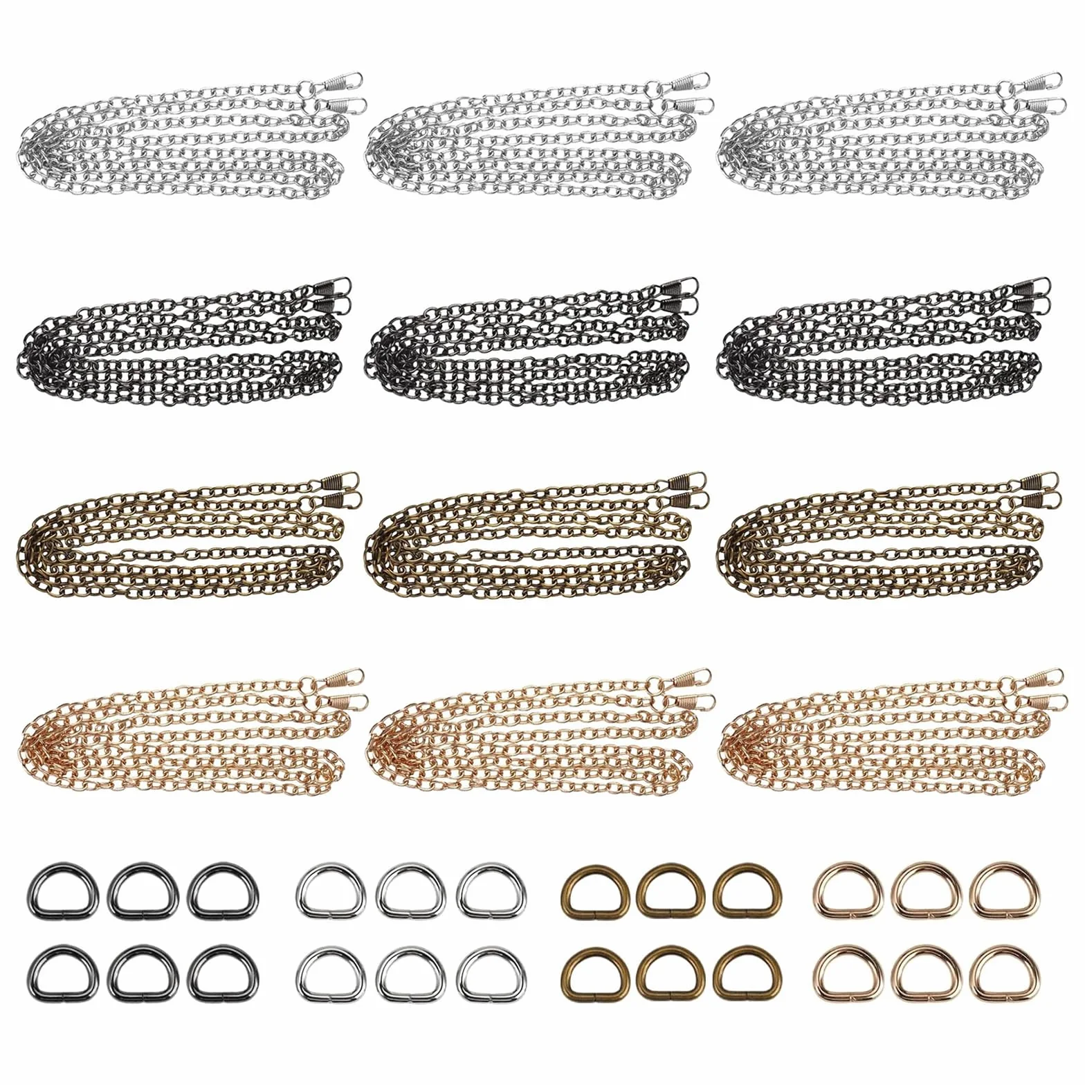 12 Piezas Cadenas para Bolsos con Cadena de Repuesto 120cm, 24 Anillos en D, Correa para Bolso de Hombro Bandolera (Bronce, Pistola, Oro Claro, Plata)