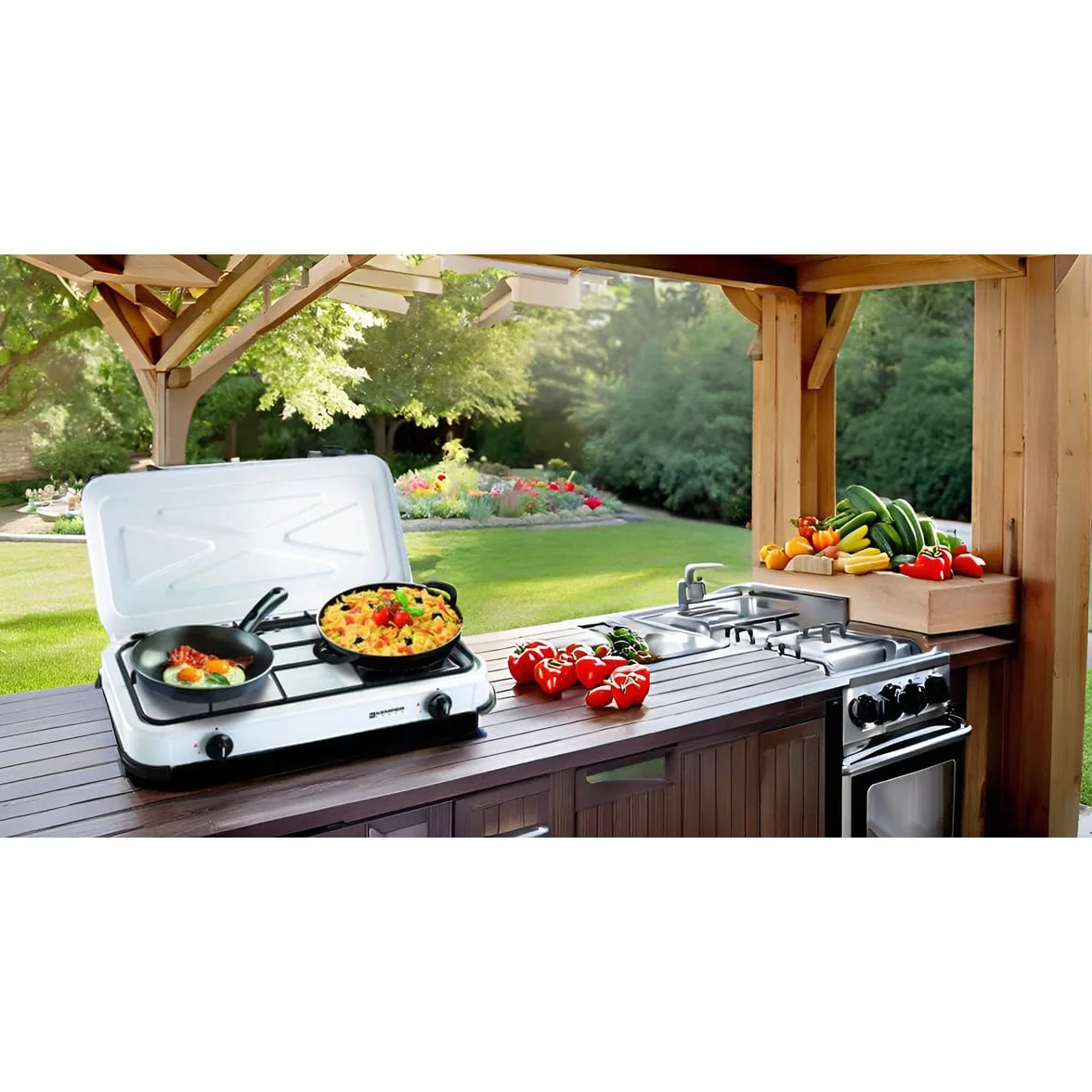 KEMPER – Placa de cocción de gas, 2 luces portátil, 2600 W, tapa extraíble, color blanco – Hornillo para camping, conexión de botella de gas Butano/propano simple y segura