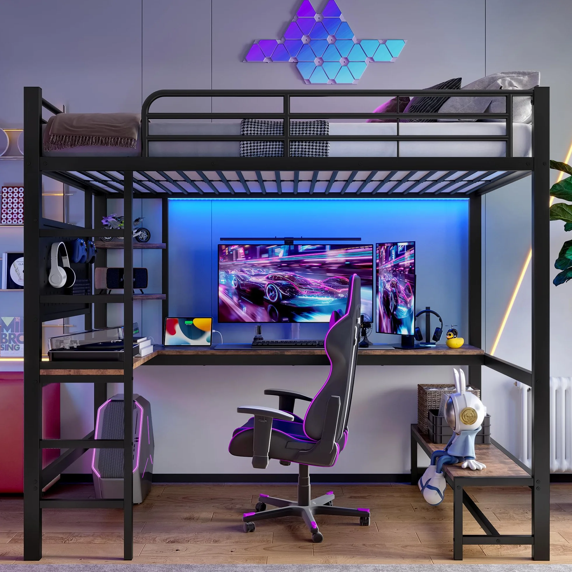 Moimhear Cama alta, marco de hierro, escritorio, barandilla, escalera de tijera, varios estantes, con USB+Type-c, con barra LED, con tabla perforada, sin colchón (negro, 90 x 200 cm)