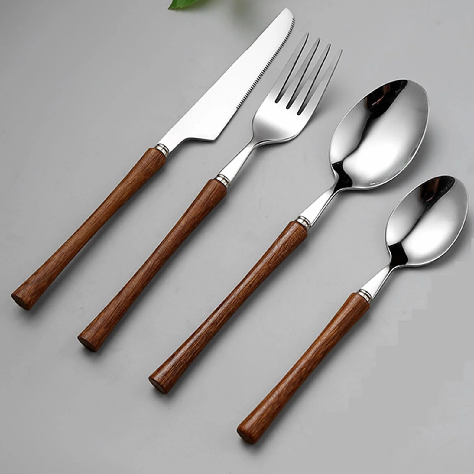 Este Juego de Cubiertos de Madera de 48 Piezas para 12 Personas Incluye un Elegante Juego de Cubiertos de Acero Inoxidable para la Mesa, Ideal para el hogar, la Cocina o el Restaurante. Cuen