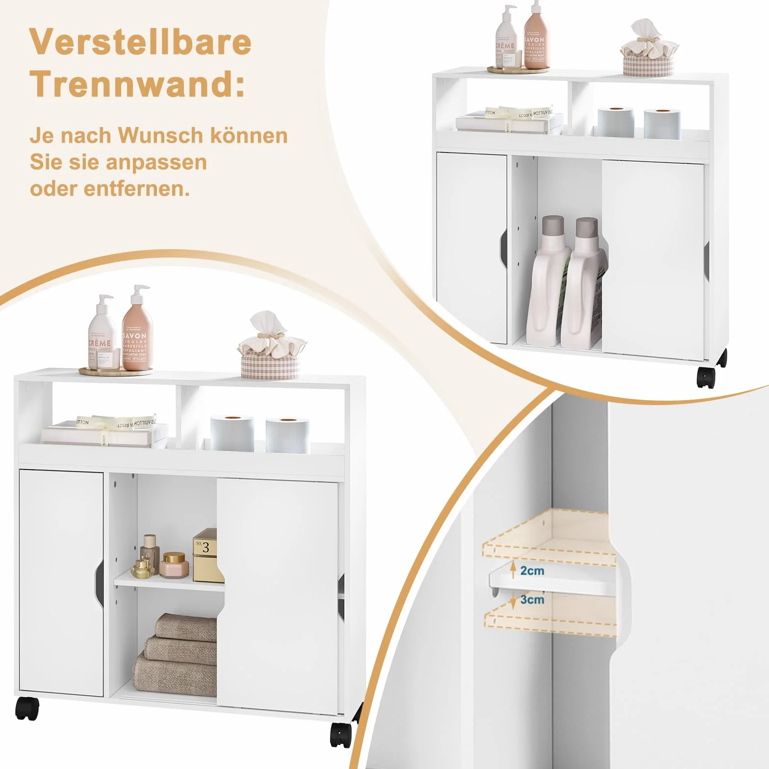 EUGAD Carrito de Almacenamiento, Armario de Baño con Ruedas, Estantería Multifuncional, Carrito de Cocina, Mueble Auxiliar Baño, Ahorro Espacio, Blanco, 70x20x71,5 cm
