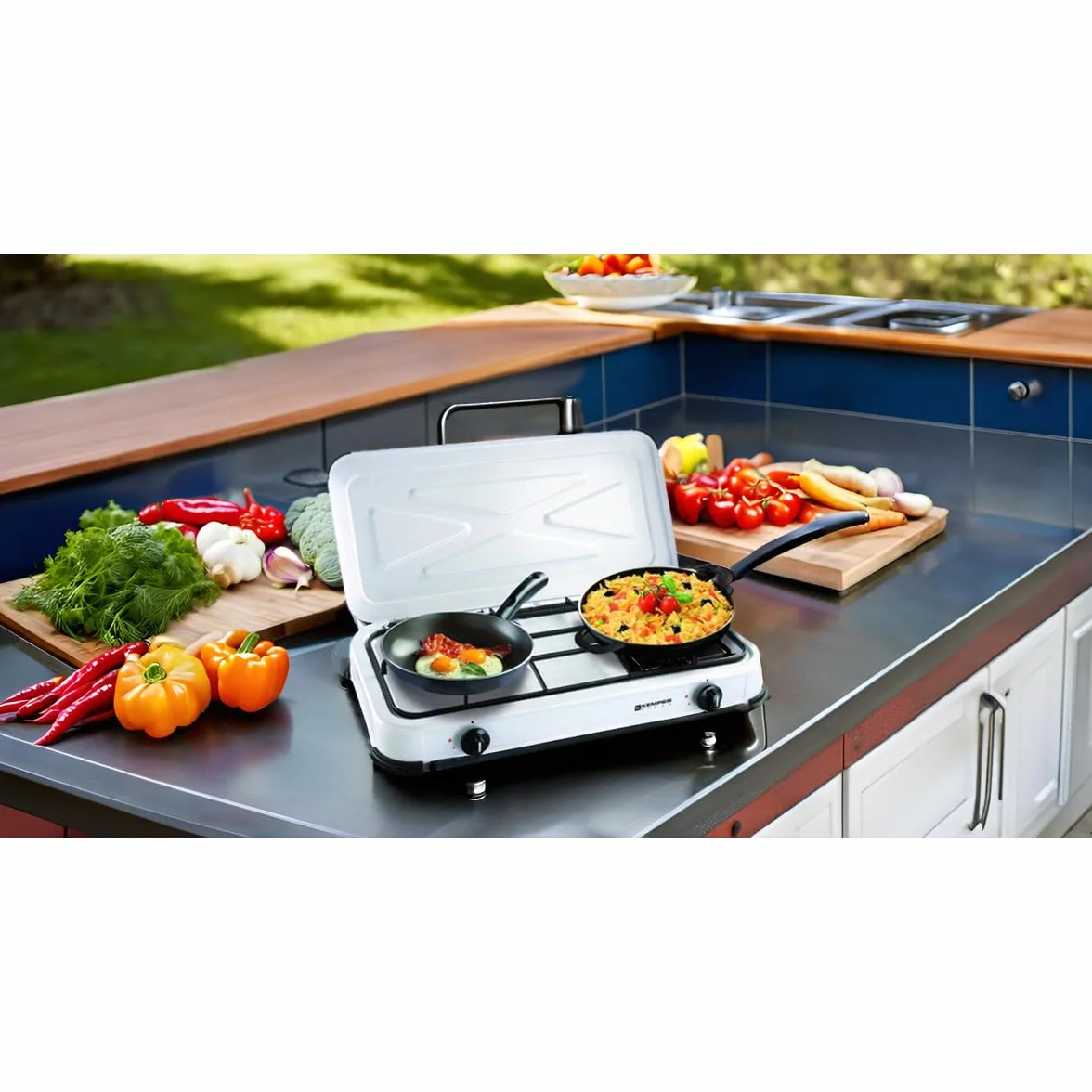 KEMPER – Placa de cocción de gas, 2 luces portátil, 2600 W, tapa extraíble, color blanco – Hornillo para camping, conexión de botella de gas Butano/propano simple y segura